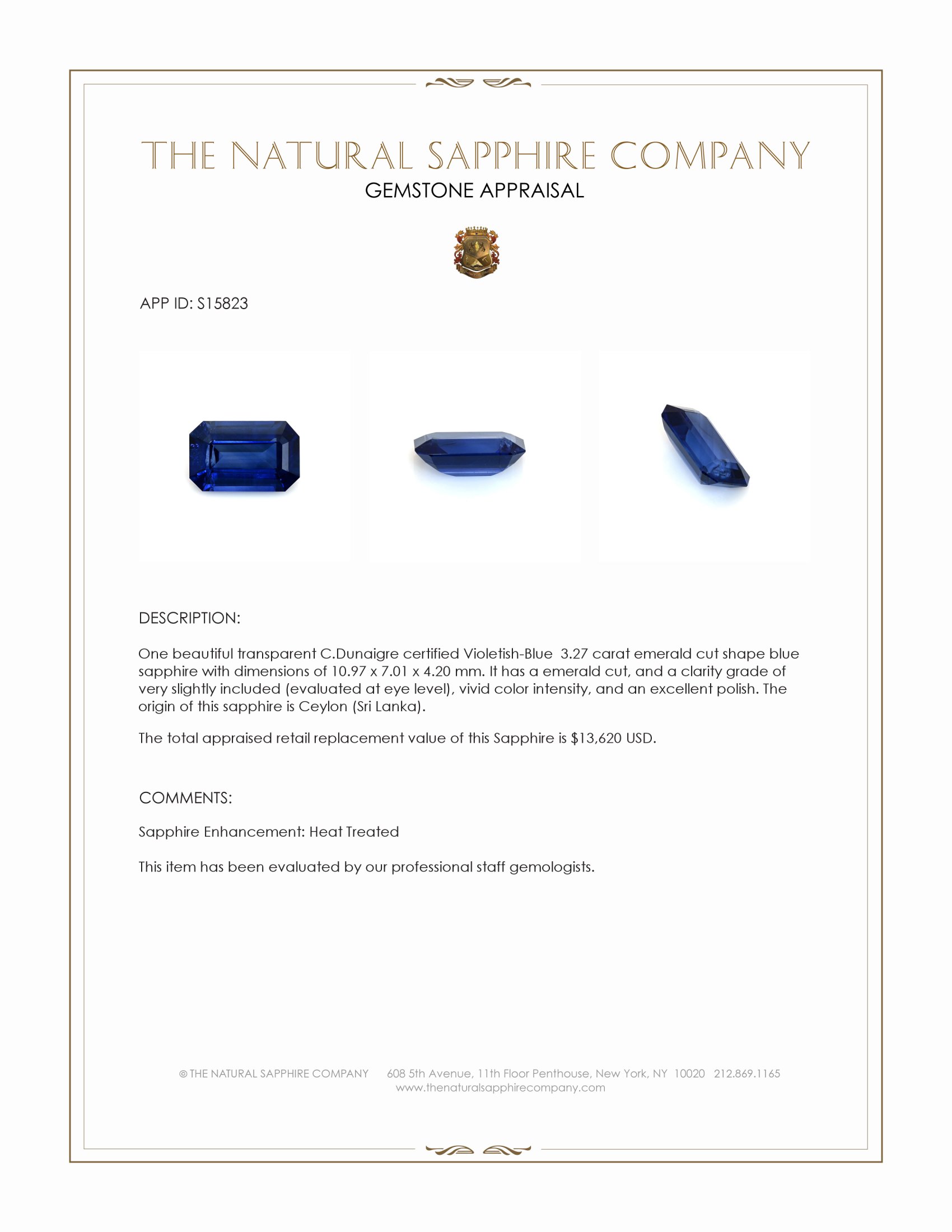 3.27 Ct. Blue Sapphire from Ceylon (Sri Lanka)