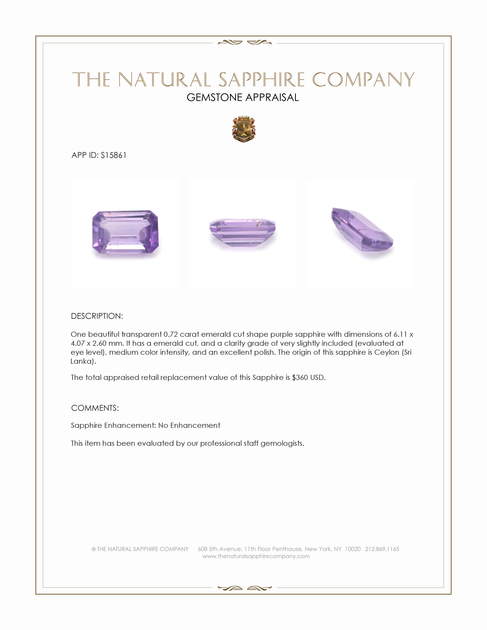 0.72 Ct. Purple Sapphire from Ceylon (Sri Lanka)