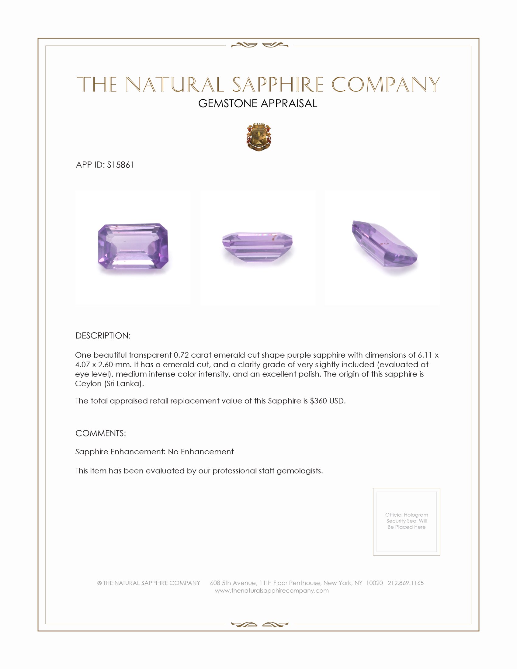 0.72 Ct. Purple Sapphire from Ceylon (Sri Lanka)