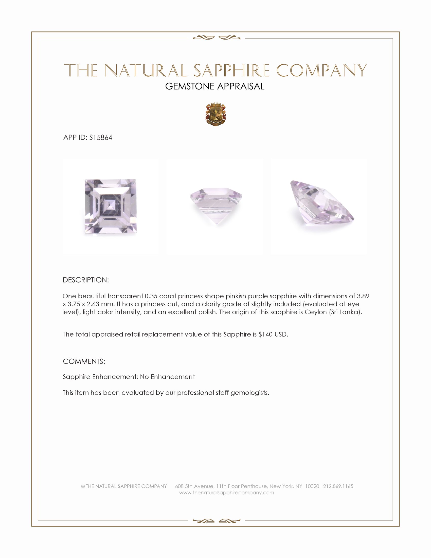 0.35 Ct. Pinkish Purple Sapphire from Ceylon (Sri Lanka)