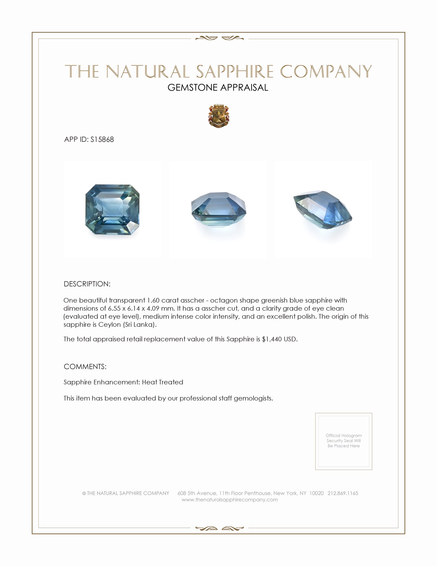 1.60 Ct. Greenish Blue Sapphire from Ceylon (Sri Lanka)