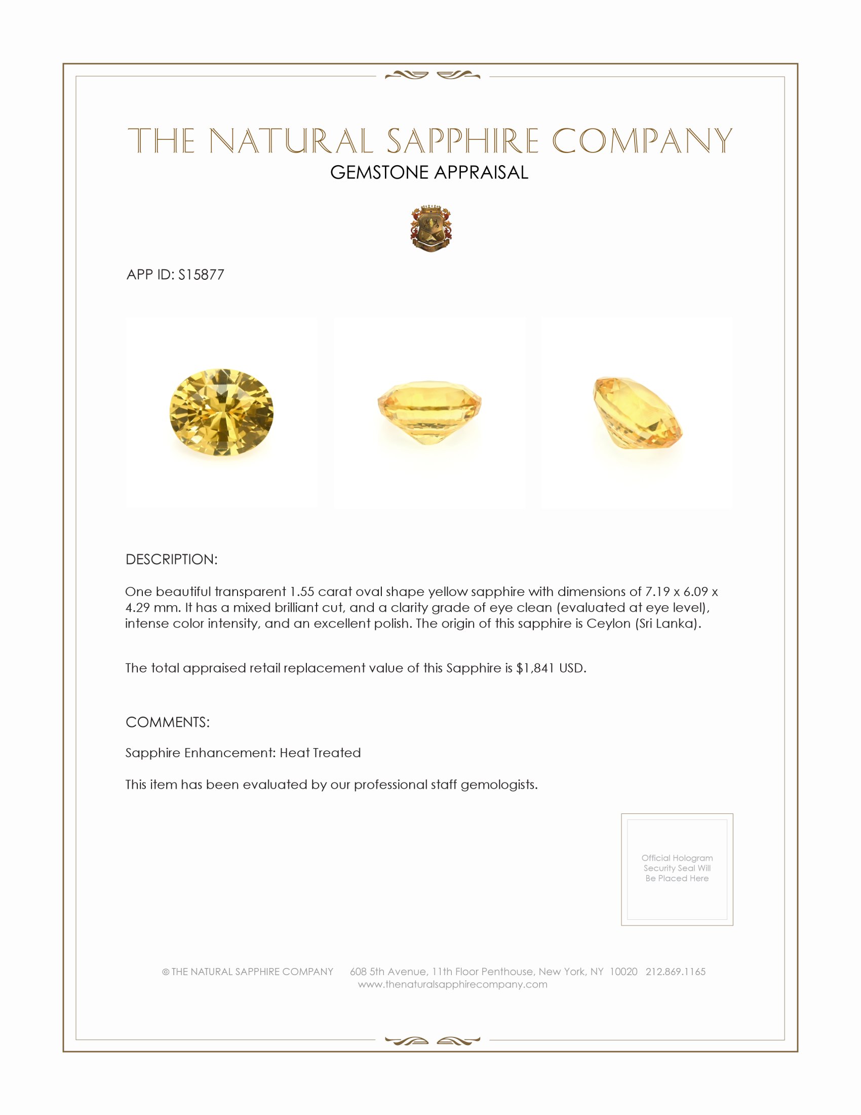 1.55 Ct. Yellow Sapphire from Ceylon (Sri Lanka)