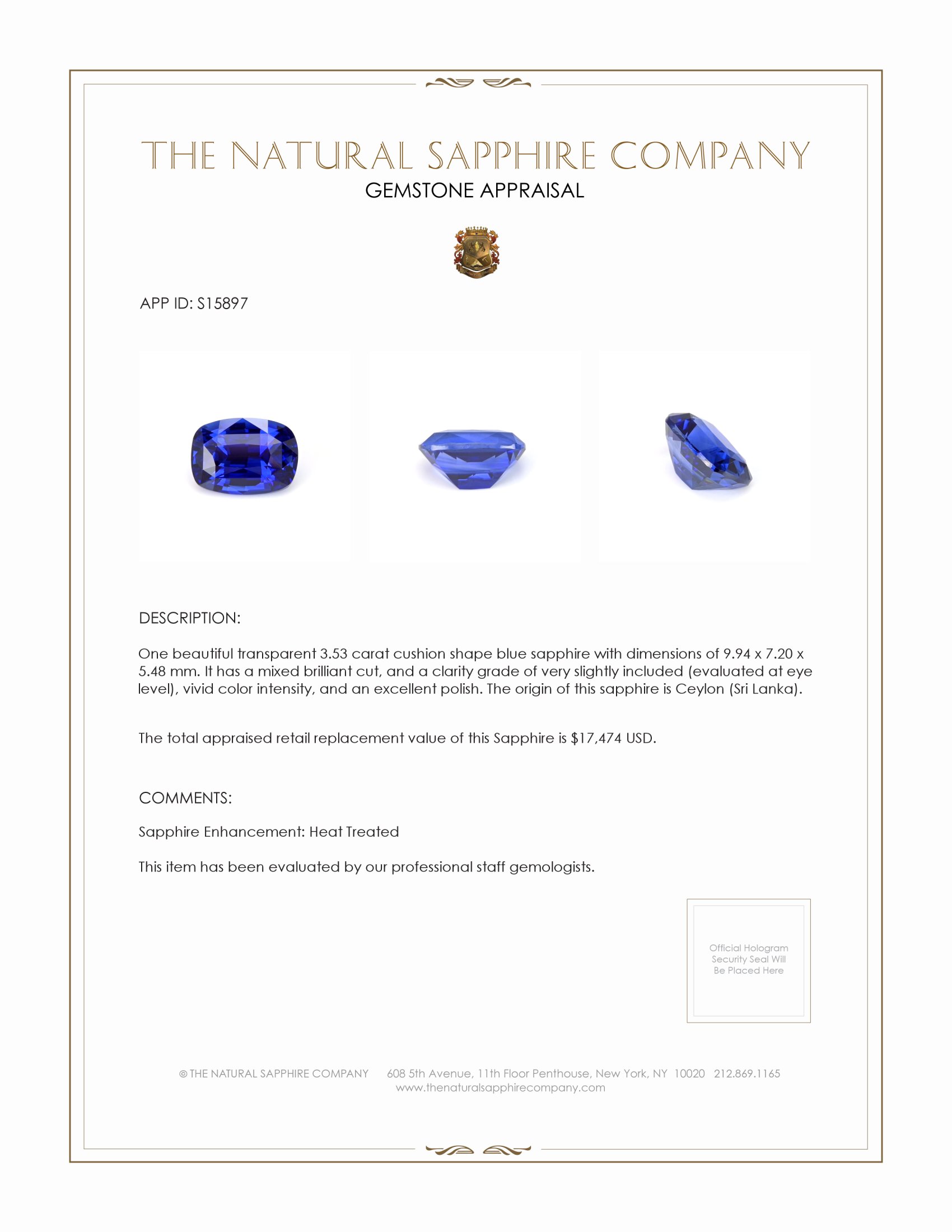 3.53 Ct. Blue Sapphire from Ceylon (Sri Lanka)