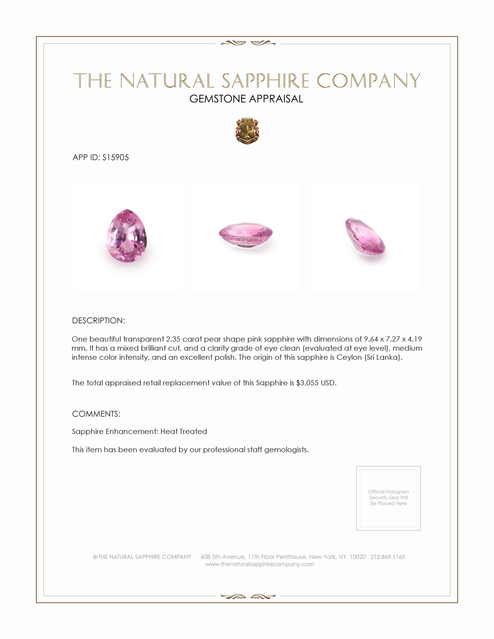 2.35 Ct. Pink Sapphire from Ceylon (Sri Lanka)