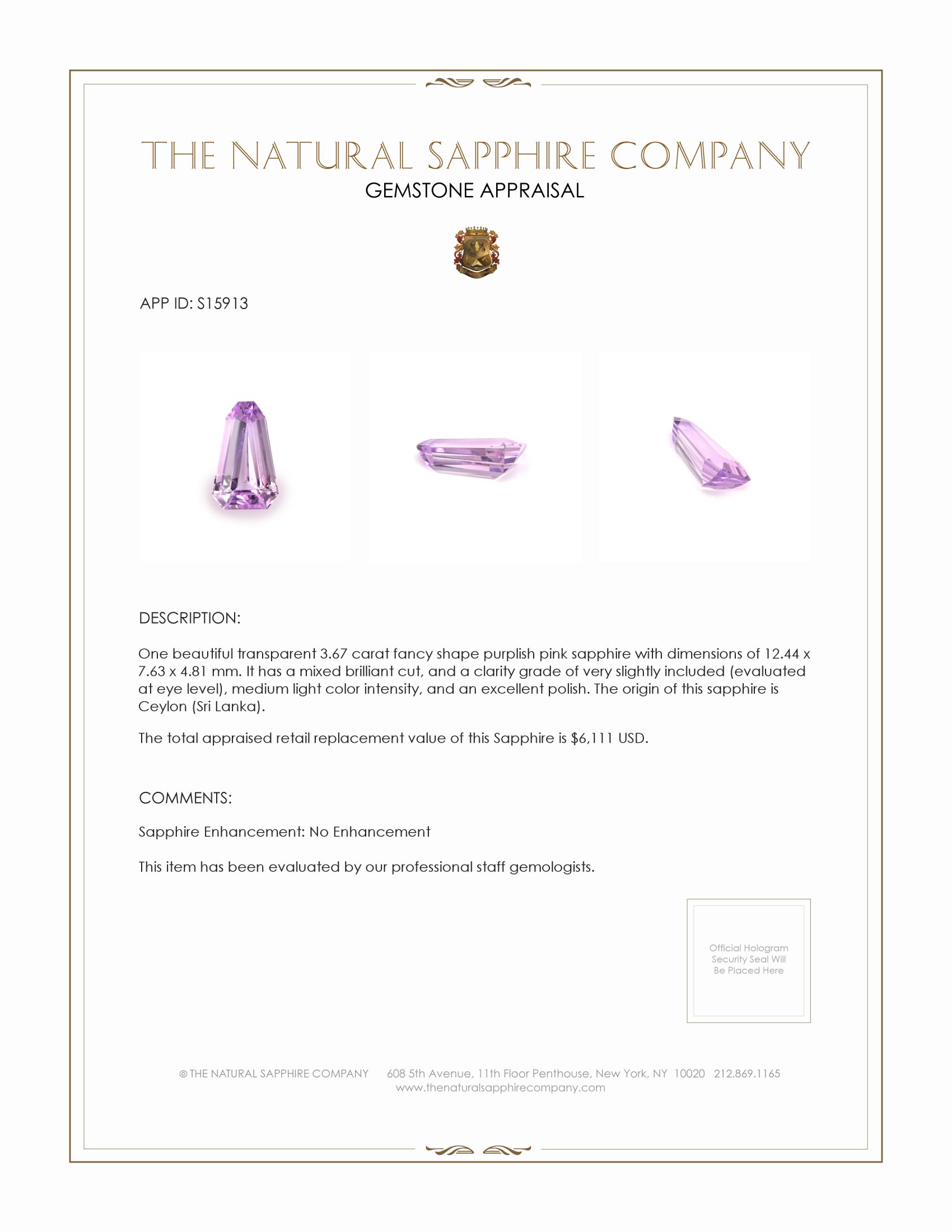 3.67 Ct. Purplish Pink Sapphire from Ceylon (Sri Lanka)