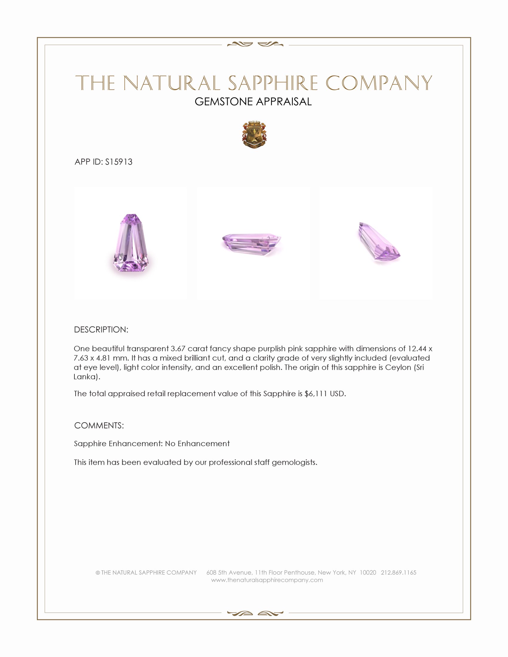 3.67 Ct. Purplish Pink Sapphire from Ceylon (Sri Lanka)