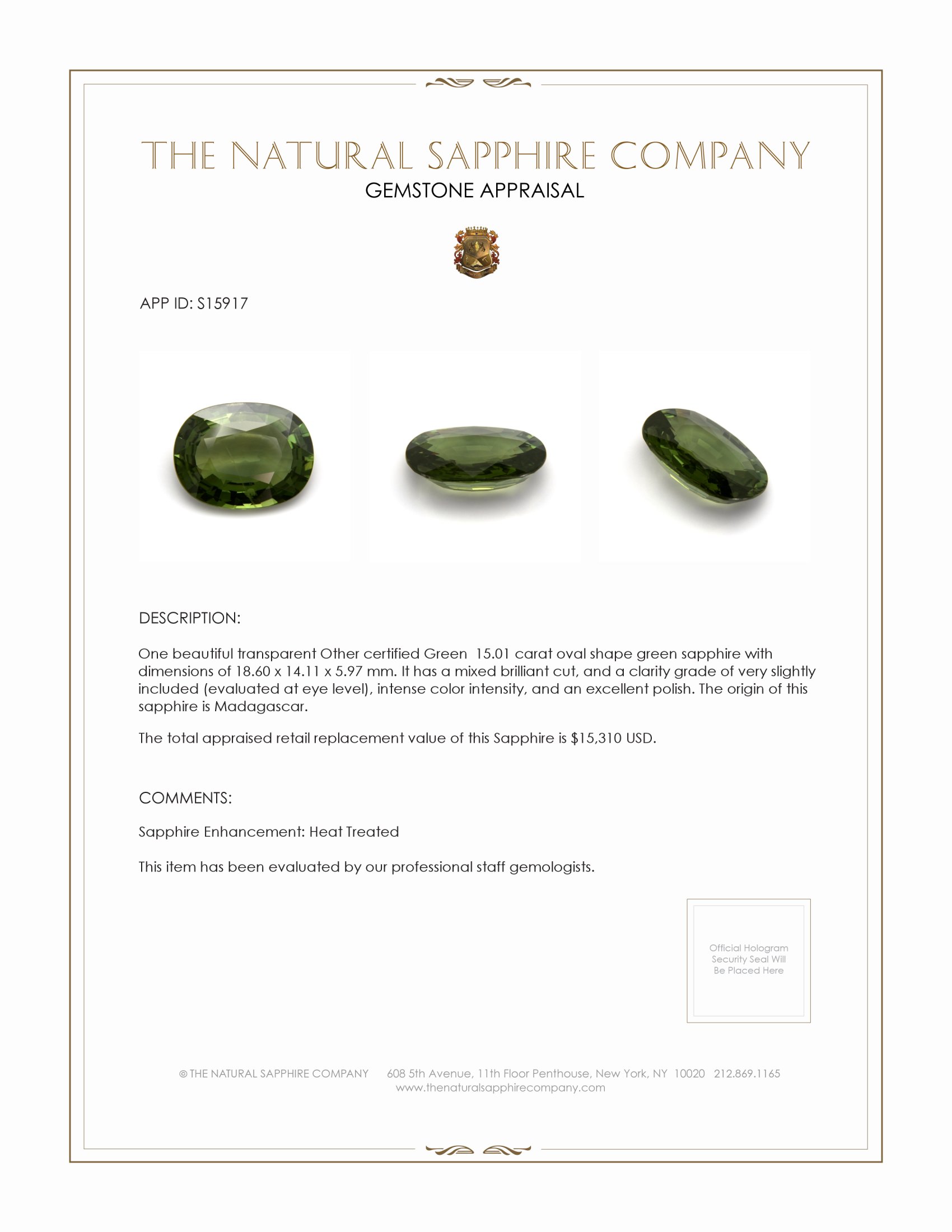 15.01 Ct. Green Sapphire from Madagascar