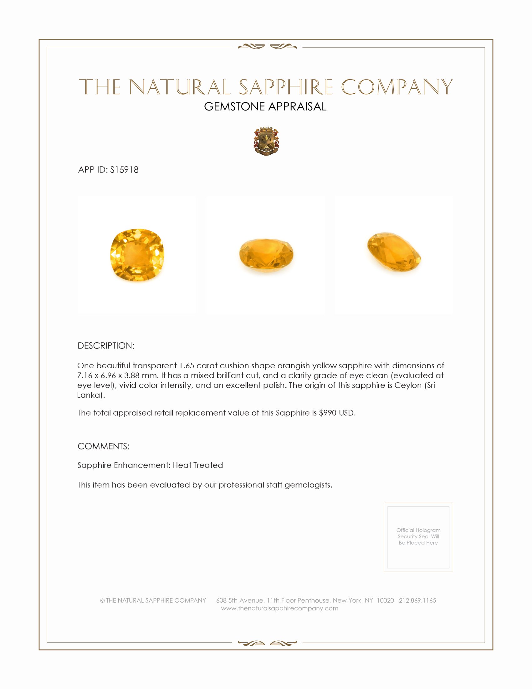 1.65 Ct. Orangish Yellow Sapphire from Ceylon (Sri Lanka)
