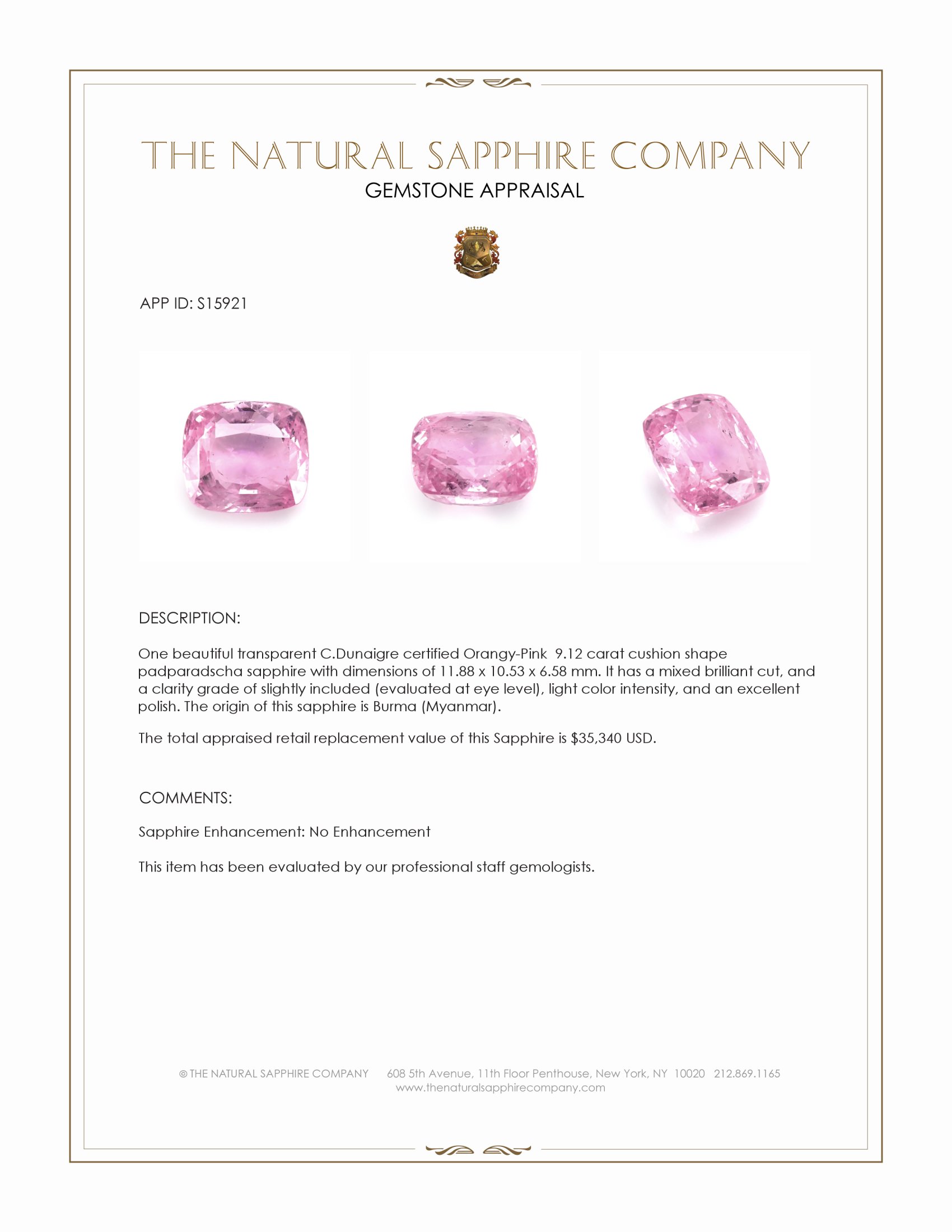 9.12 Ct. Padparadscha Sapphire from Burma (Myanmar)