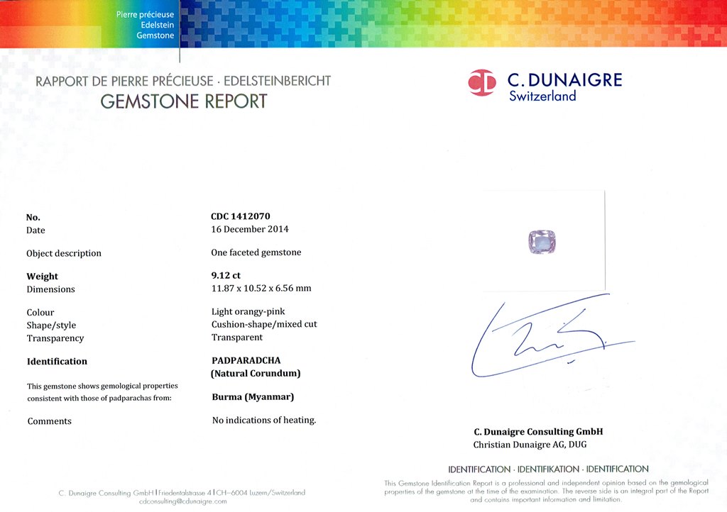 9.12 Ct. Padparadscha Sapphire from Burma (Myanmar)