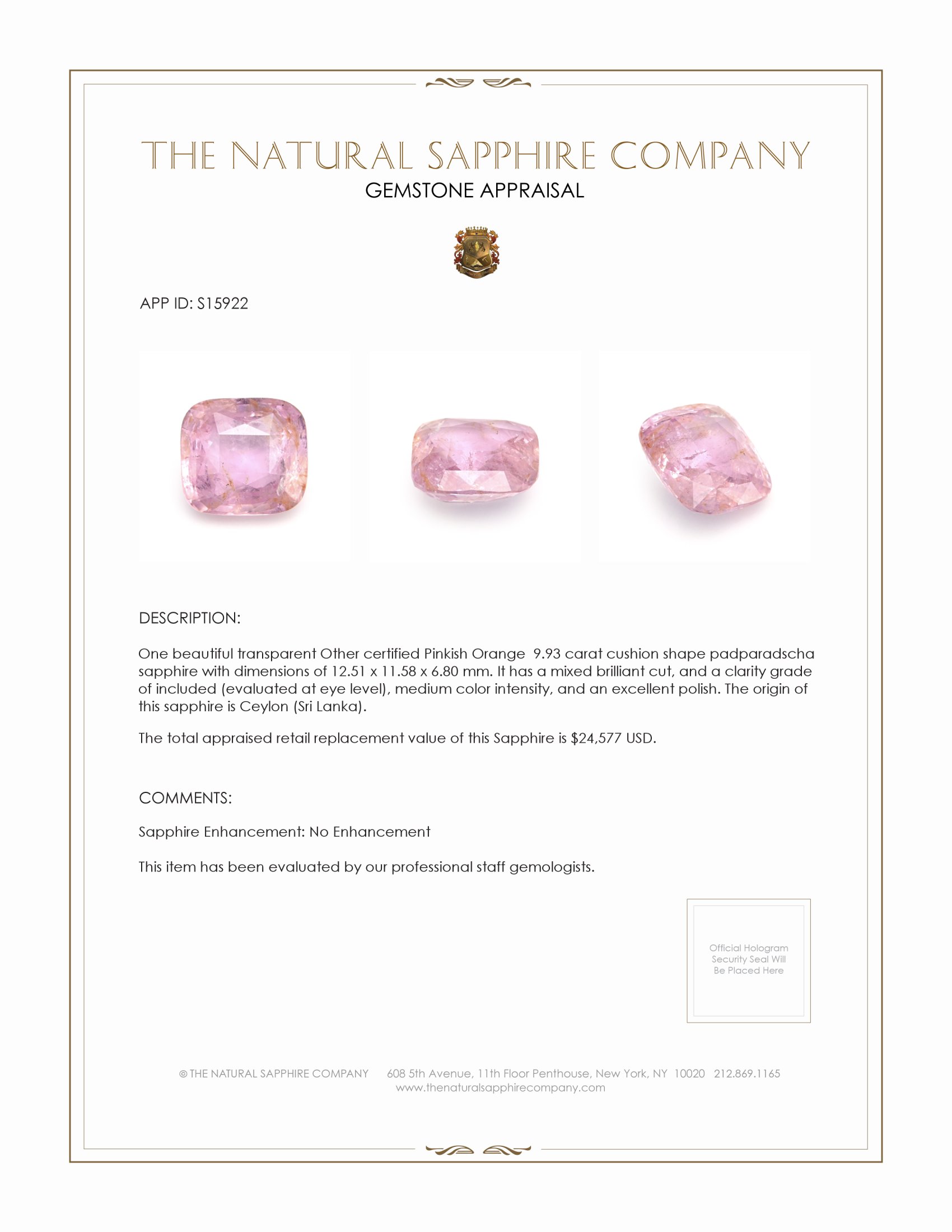 9.93 Ct. Padparadscha Sapphire from Ceylon (Sri Lanka)