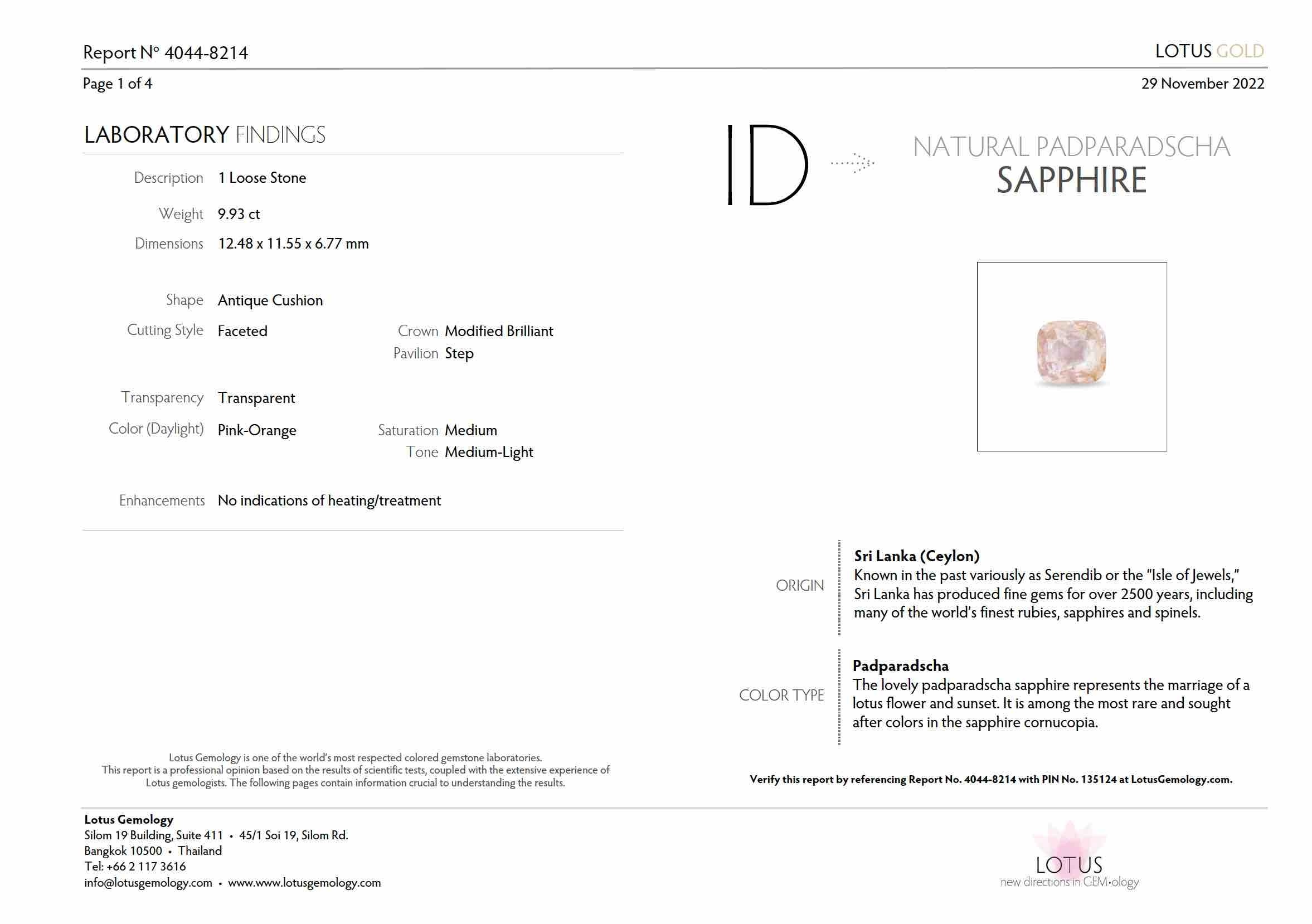 9.93 Ct. Padparadscha Sapphire from Ceylon (Sri Lanka)