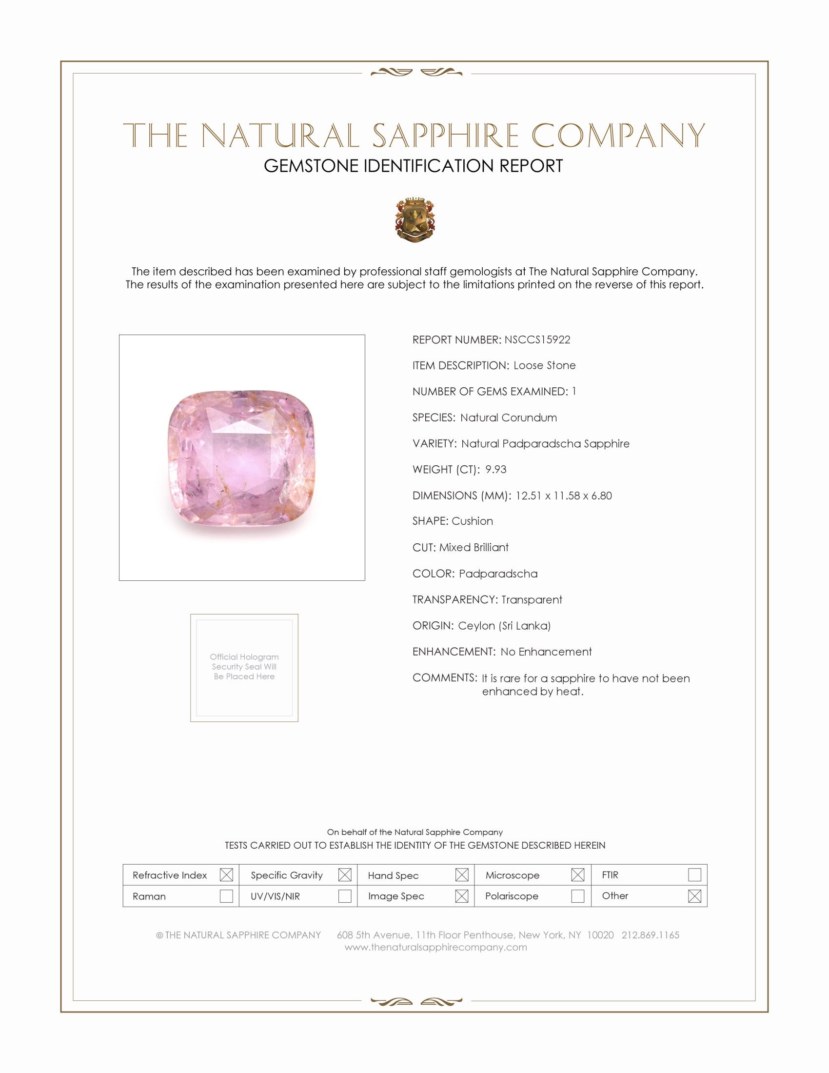 9.93 Ct. Padparadscha Sapphire from Ceylon (Sri Lanka)