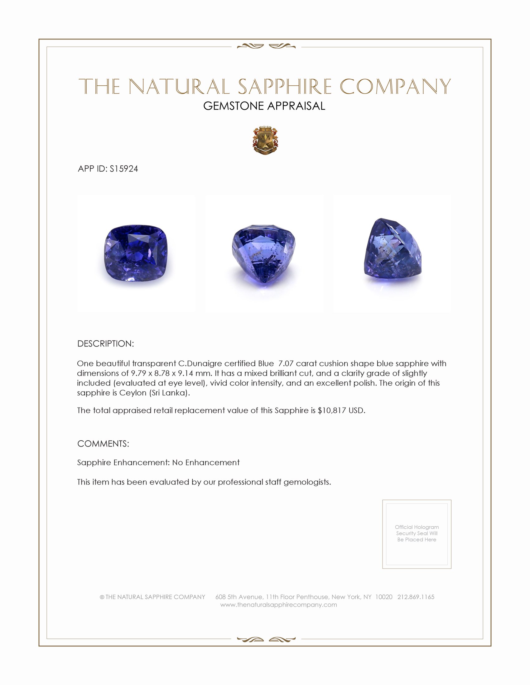 7.07 Ct. Blue Sapphire from Ceylon (Sri Lanka)