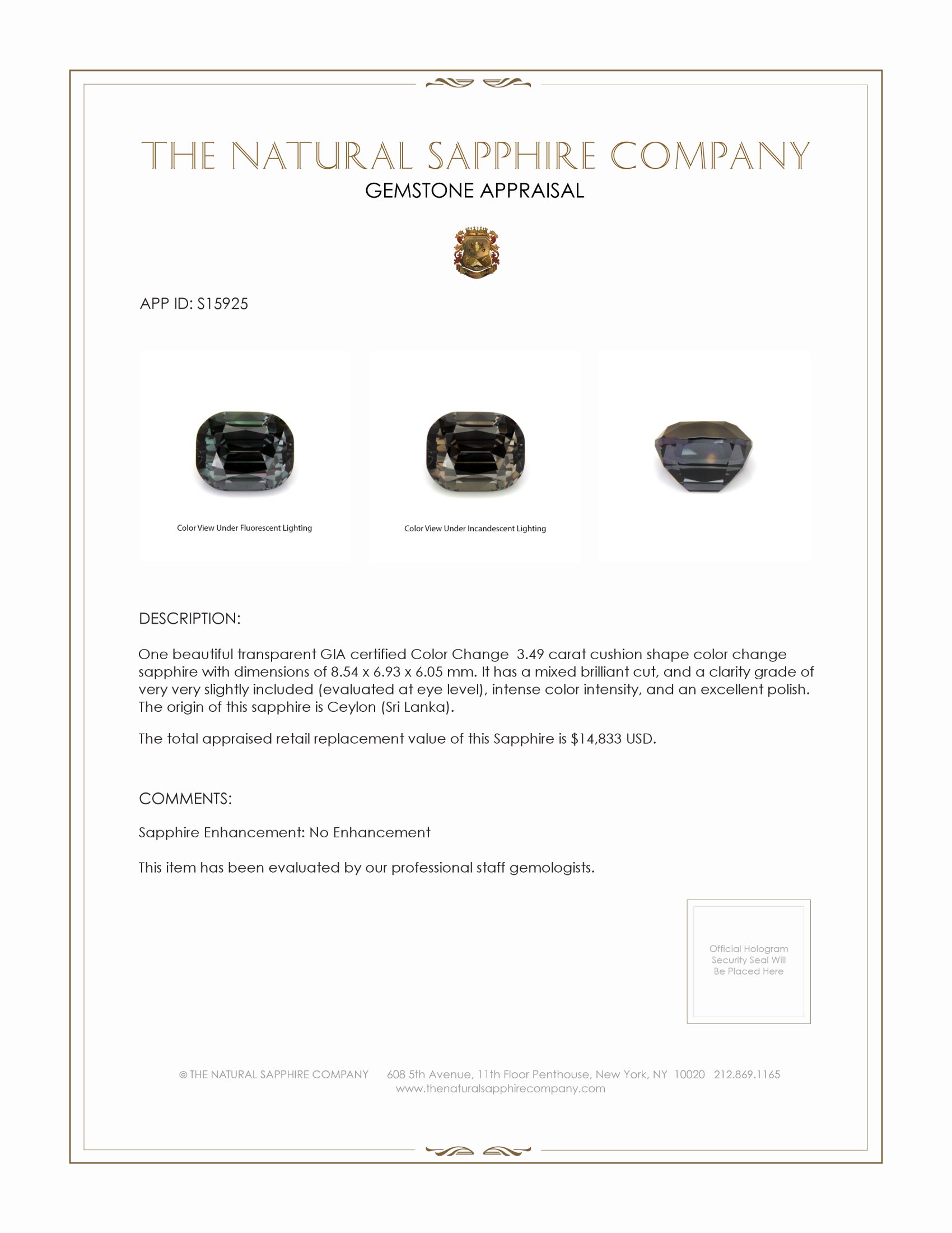 3.49 Ct. Color Change Sapphire from Ceylon (Sri Lanka)