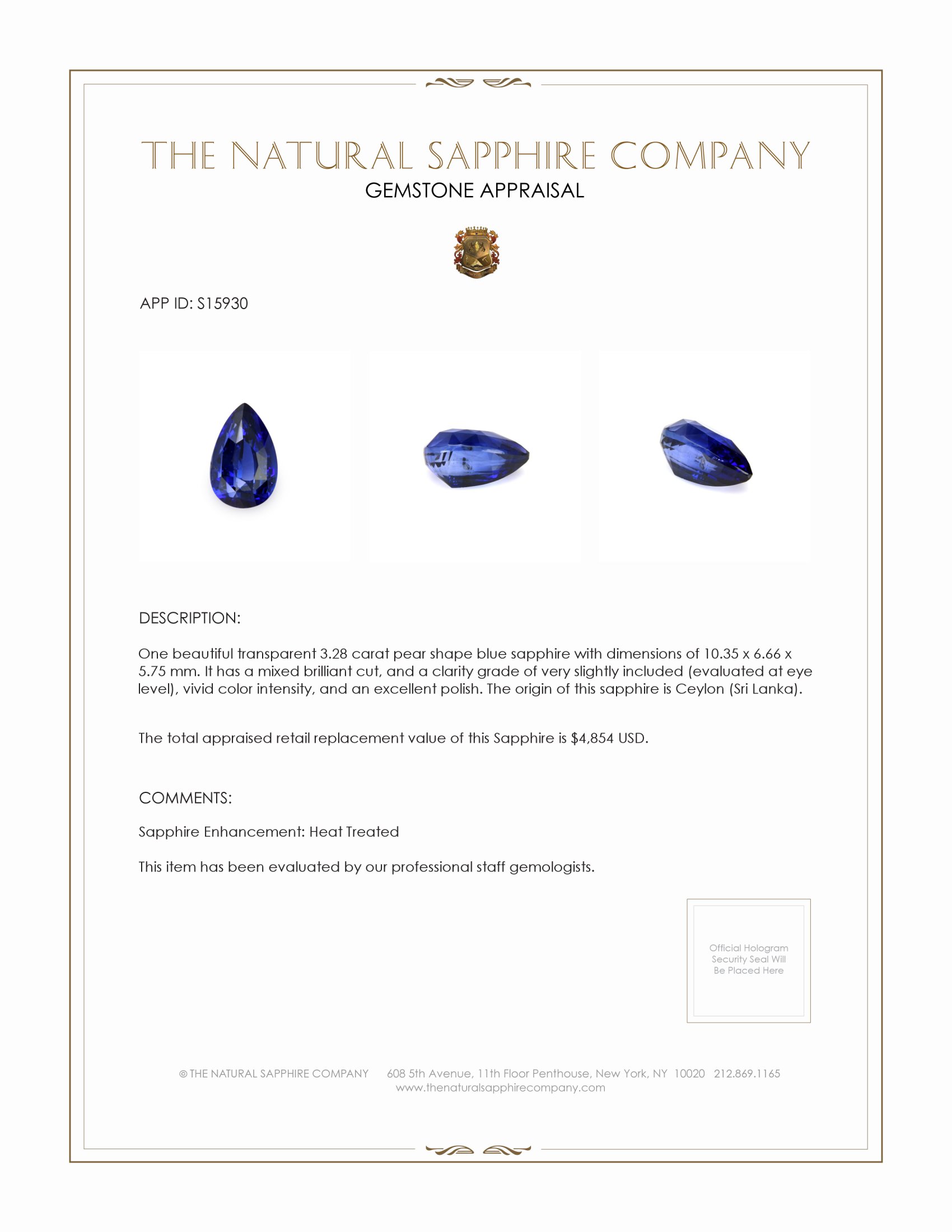 3.28 Ct. Blue Sapphire from Ceylon (Sri Lanka)