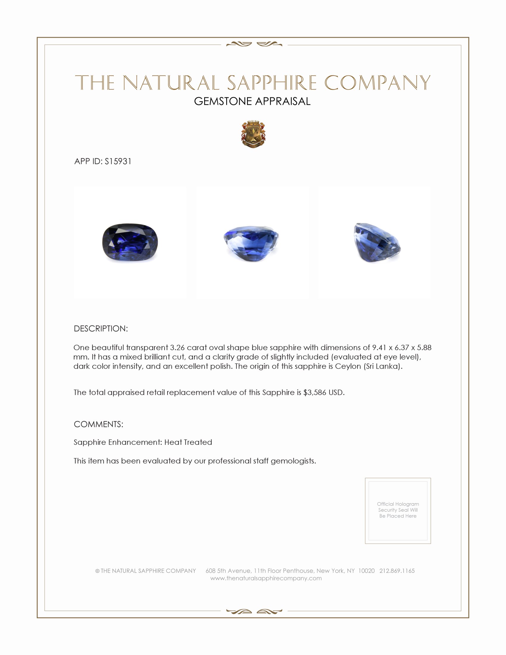 3.26 Ct. Blue Sapphire from Ceylon (Sri Lanka)