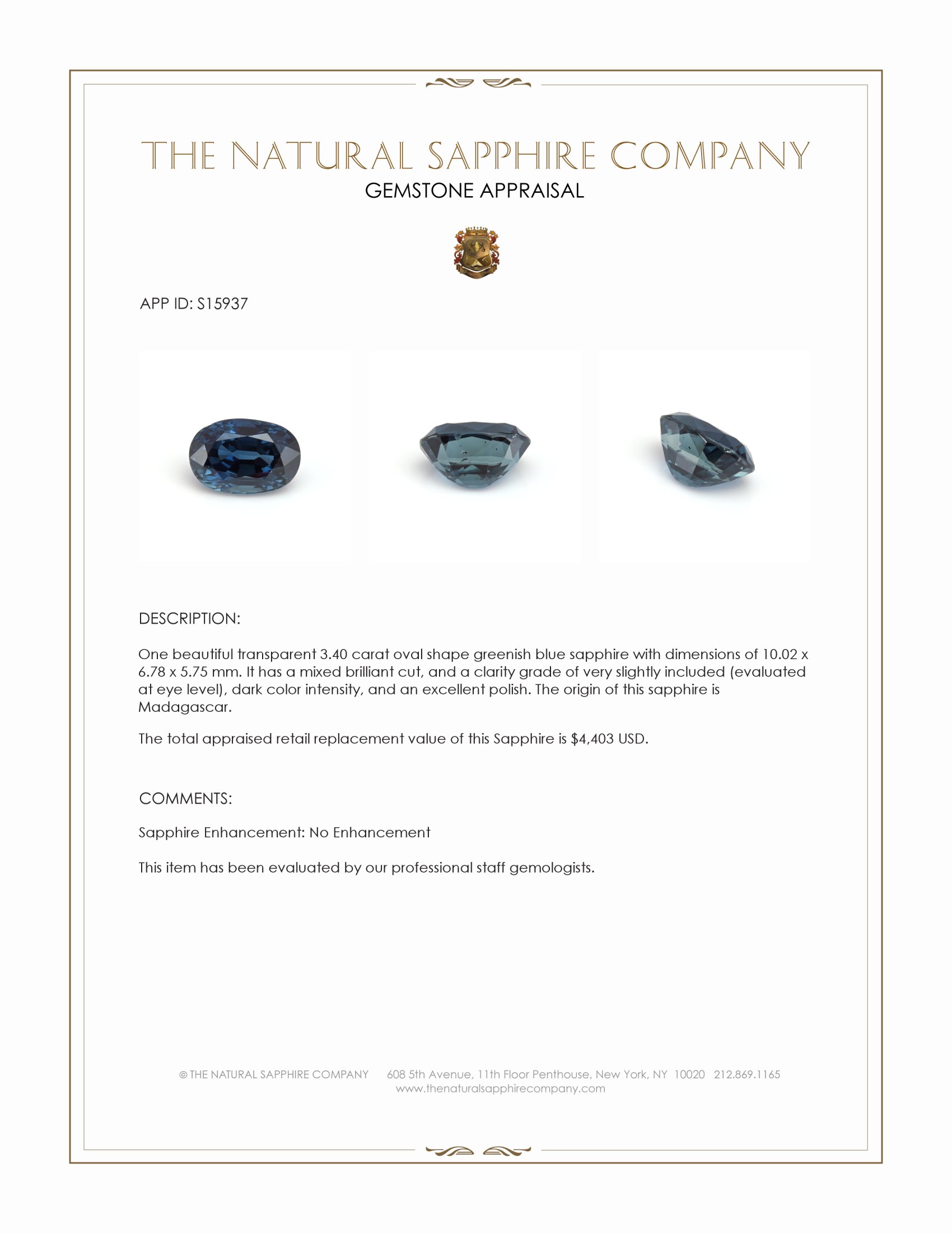 3.40 Ct. Greenish Blue Sapphire from Madagascar