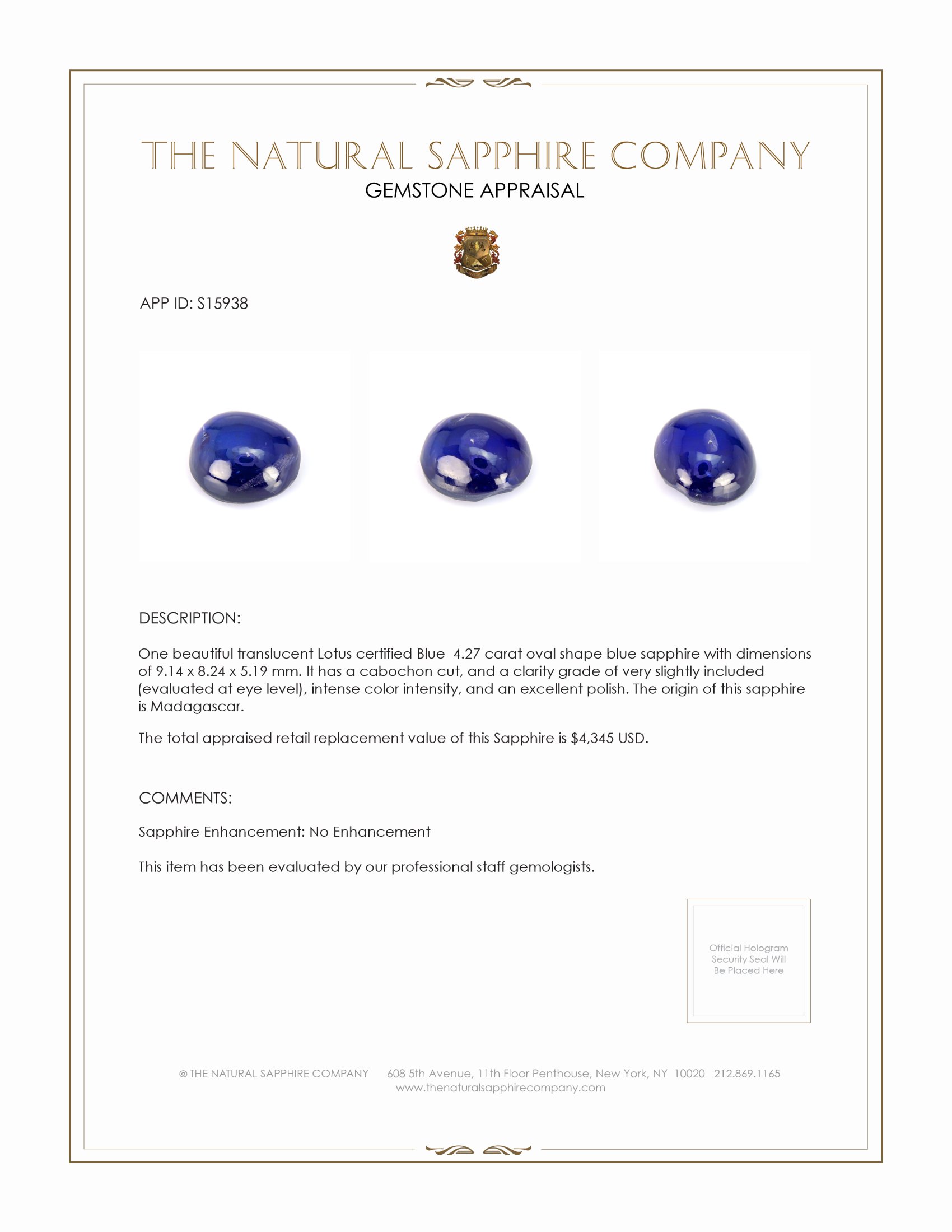 4.27 Ct. Blue Cabochon Sapphire from Madagascar