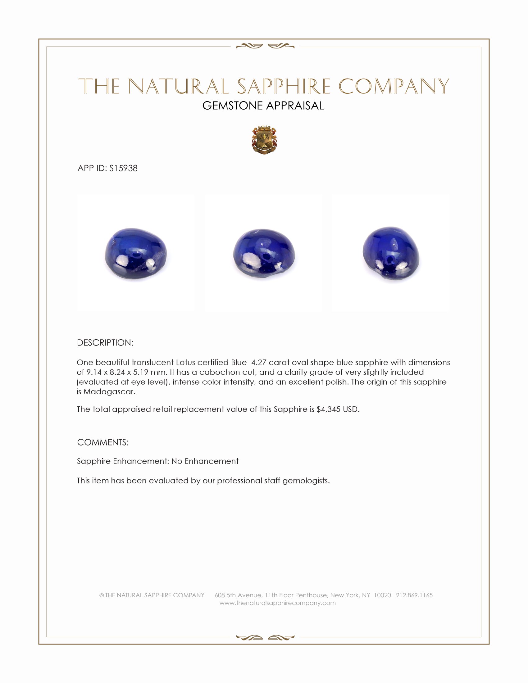 4.27 Ct. Blue Cabochon Sapphire from Madagascar