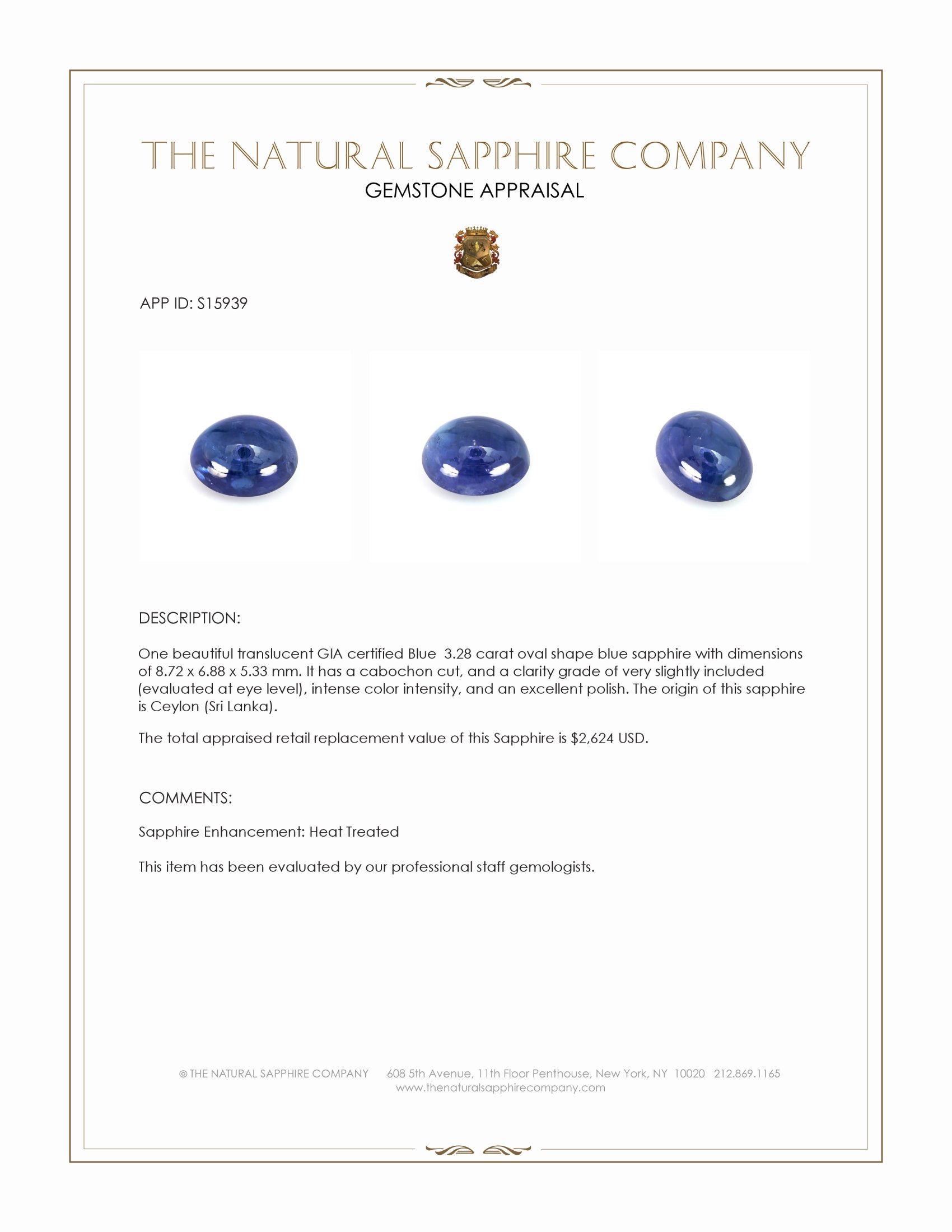 3.28 Ct. Blue Cabochon Sapphire from Ceylon (Sri Lanka)