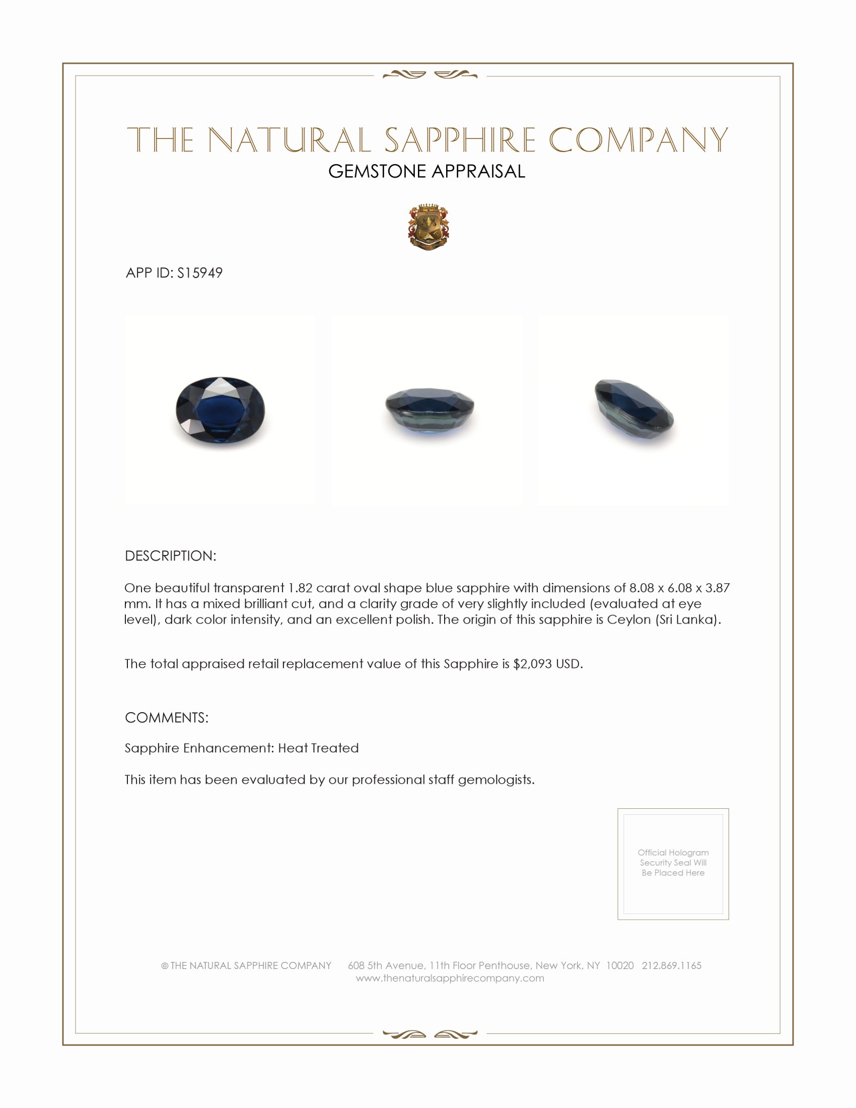1.82 Ct. Blue Sapphire from Ceylon (Sri Lanka)
