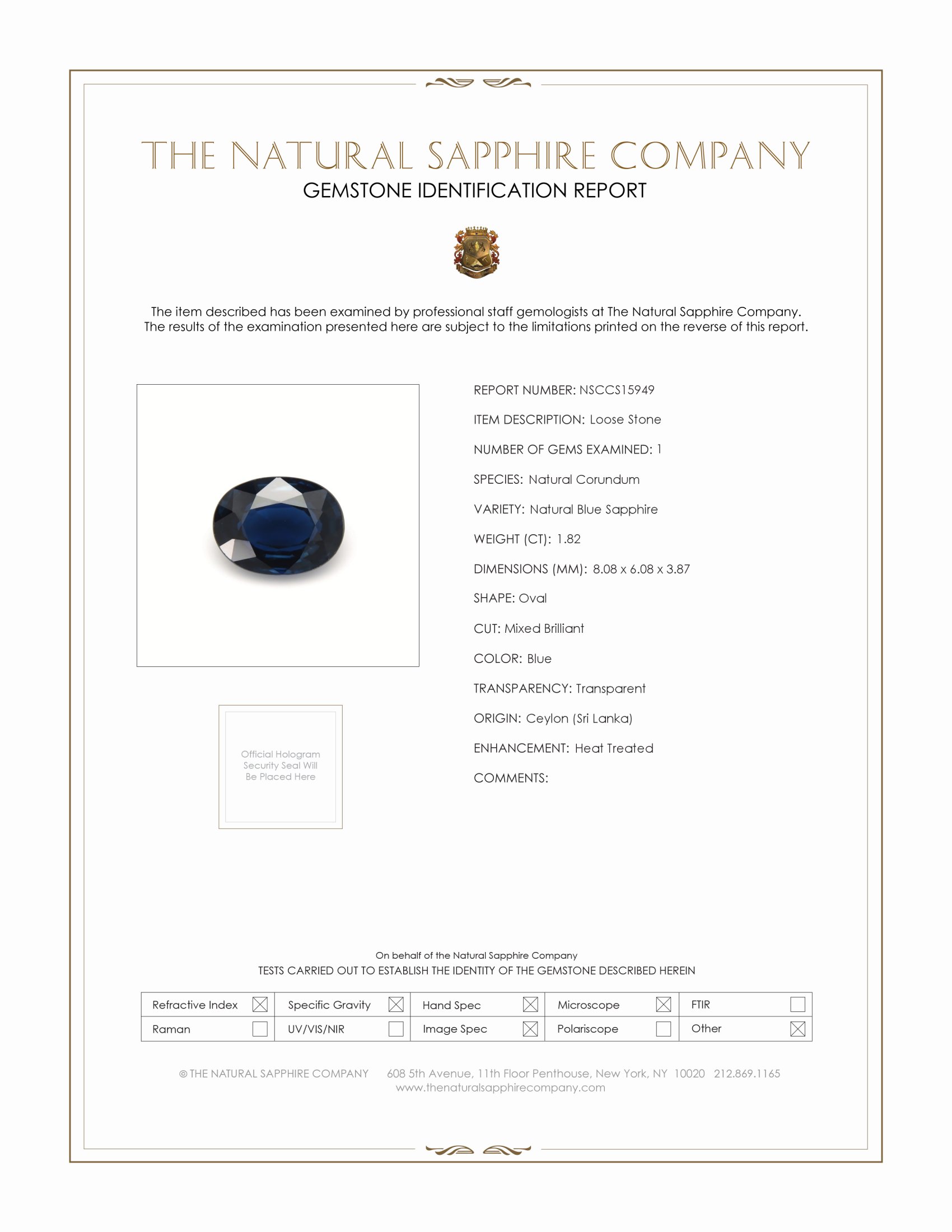 1.82 Ct. Blue Sapphire from Ceylon (Sri Lanka)