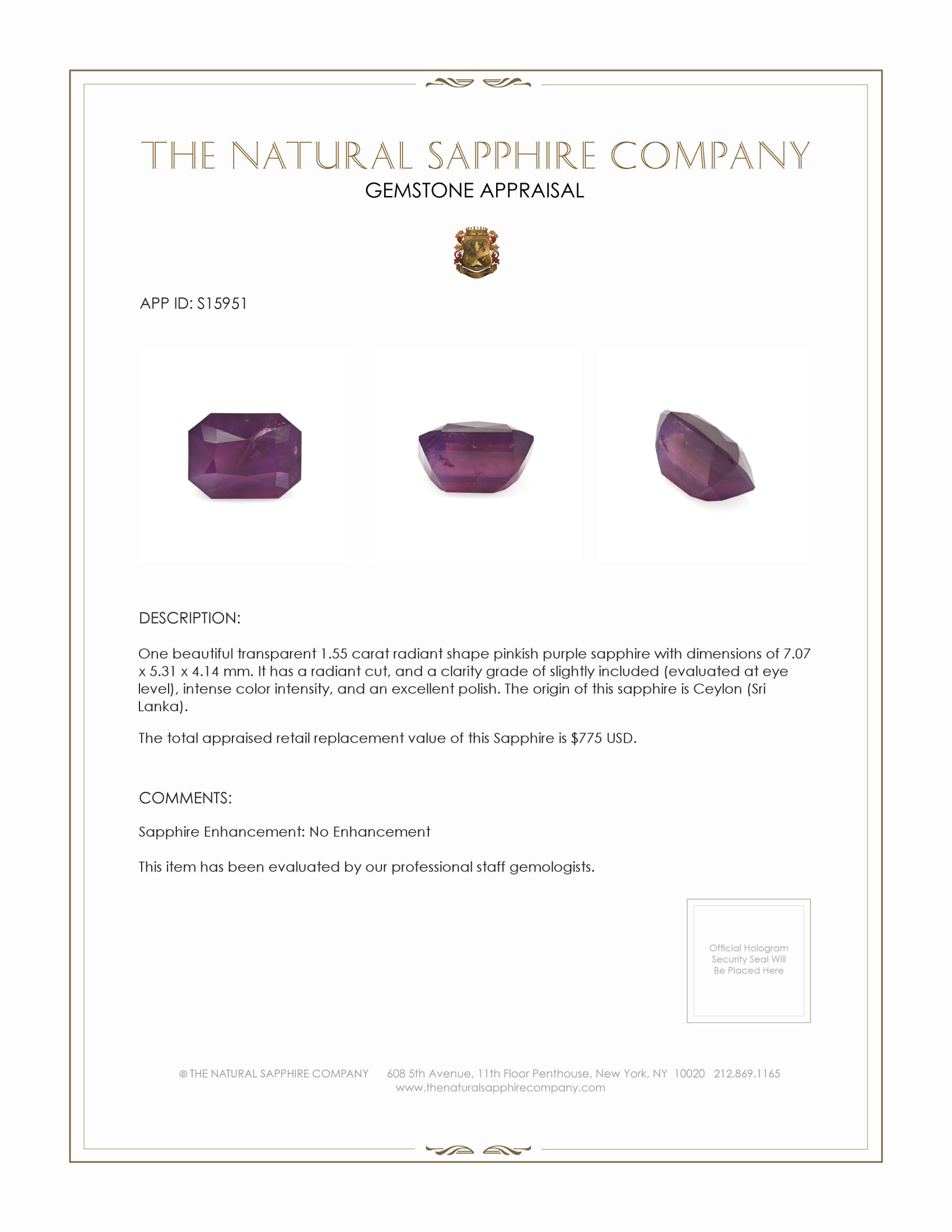 1.55 Ct. Pinkish Purple Sapphire from Ceylon (Sri Lanka)