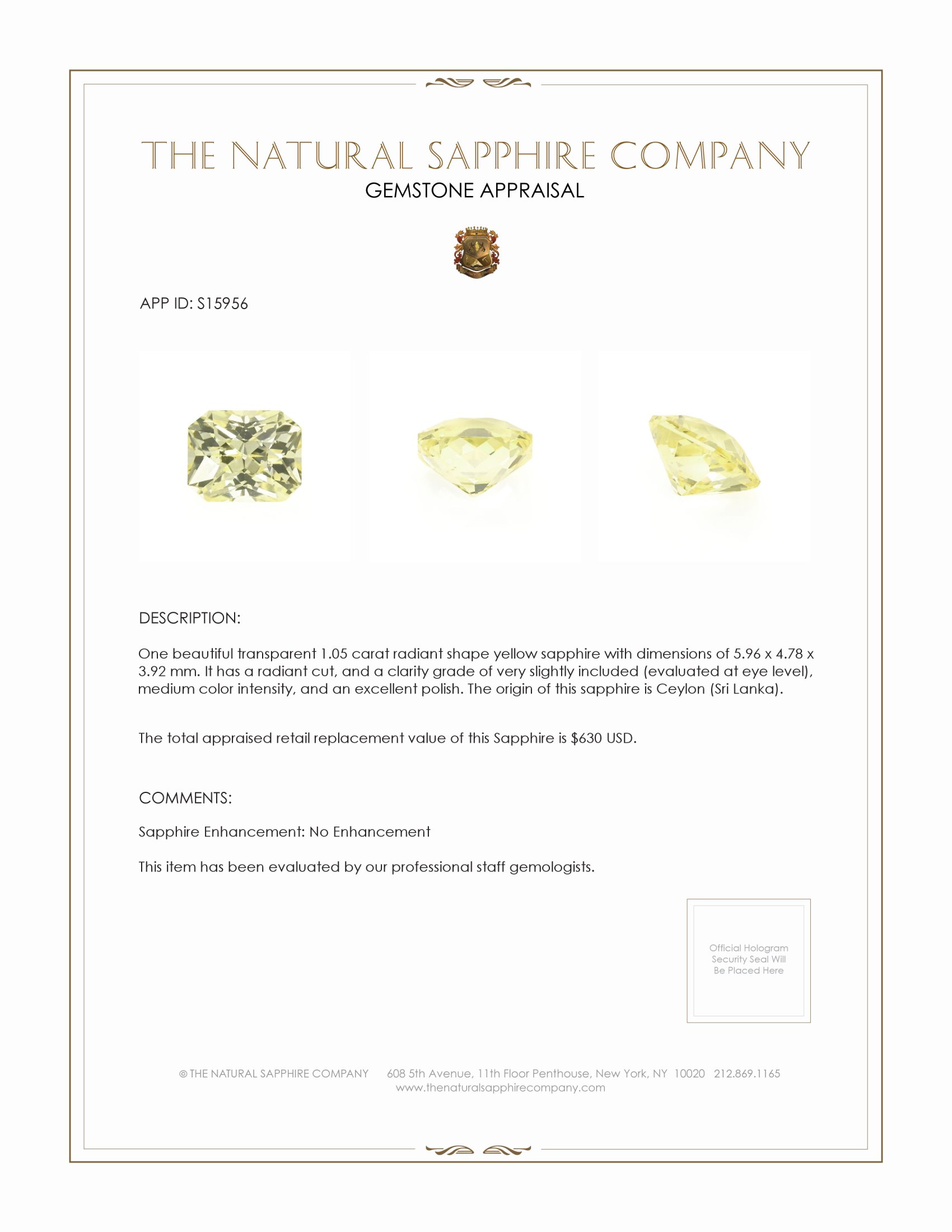 1.05 Ct. Yellow Sapphire from Ceylon (Sri Lanka)