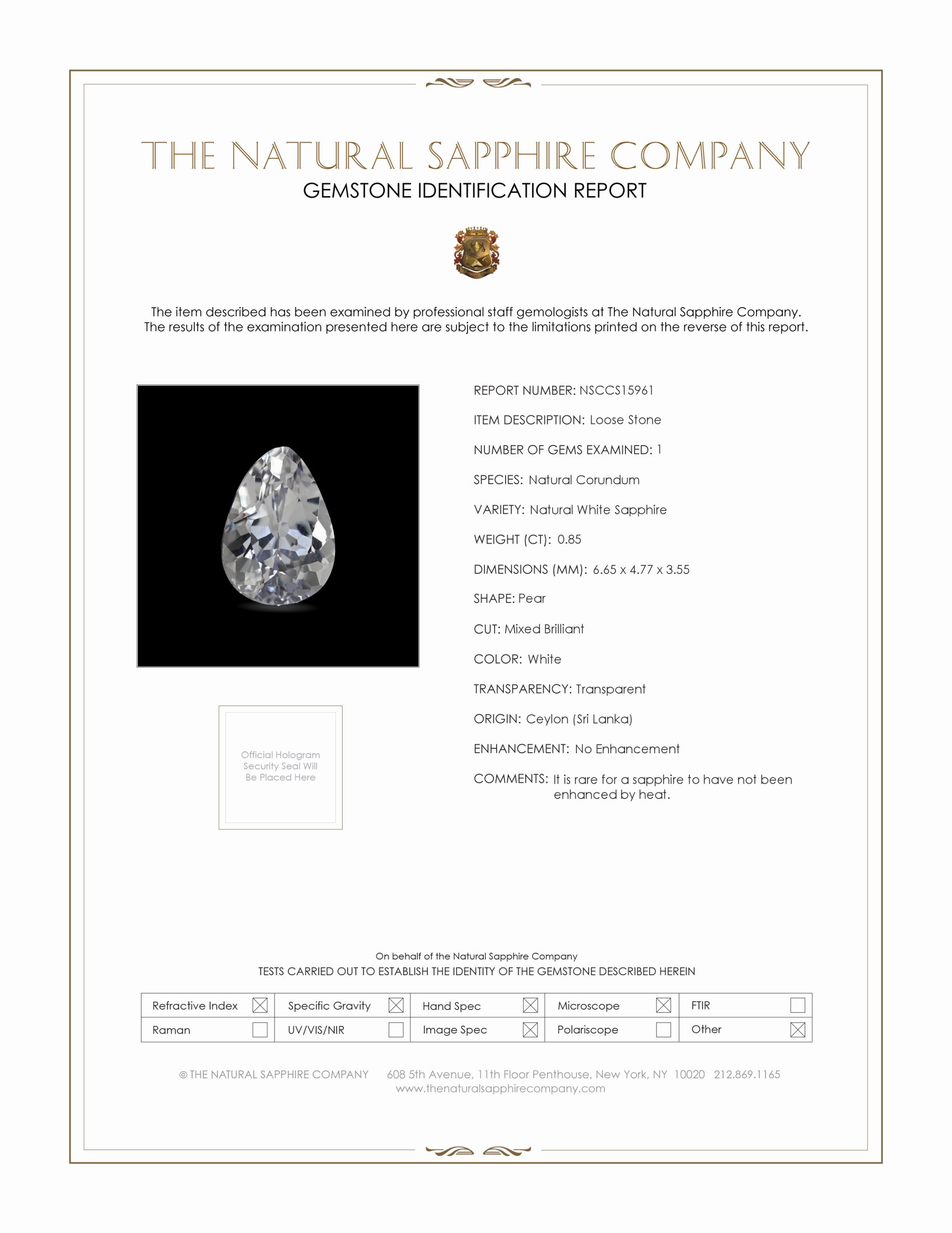 0.85 Ct. White Sapphire from Ceylon (Sri Lanka)