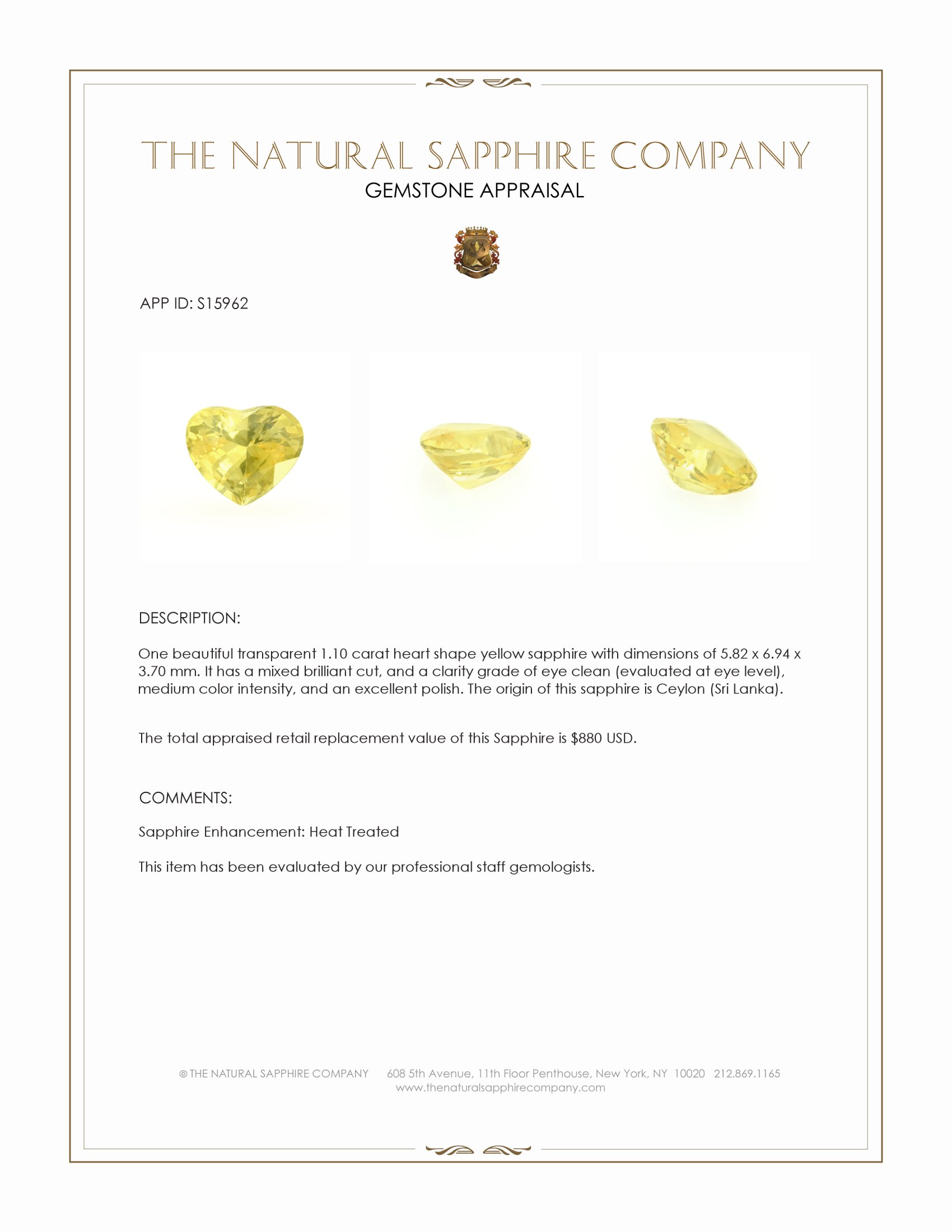 1.10 Ct. Yellow Sapphire from Ceylon (Sri Lanka)