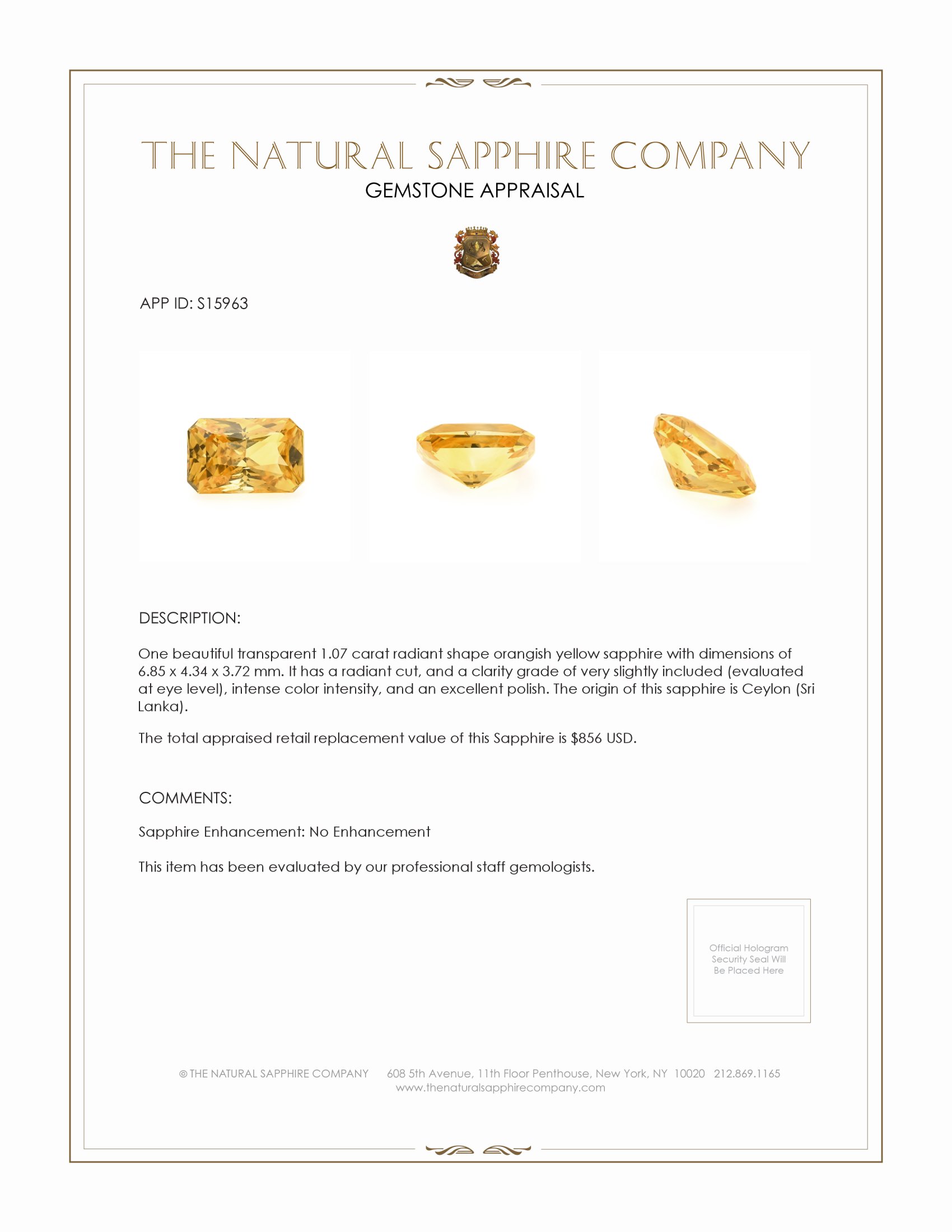 1.07 Ct. Orangish Yellow Sapphire from Ceylon (Sri Lanka)