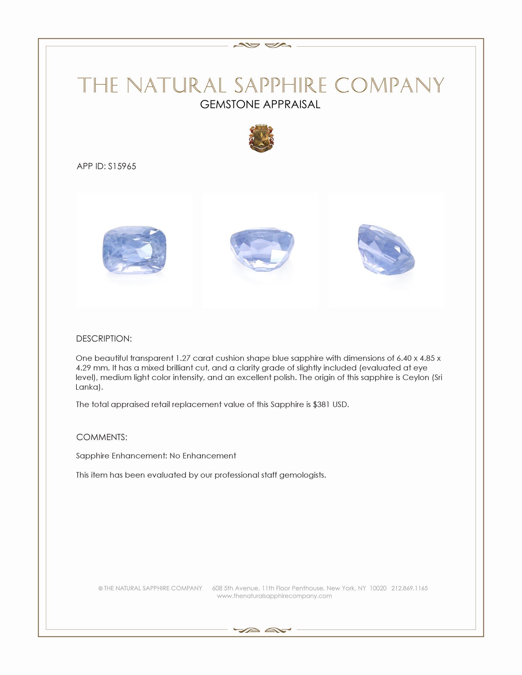 1.27 Ct. Blue Sapphire from Ceylon (Sri Lanka)