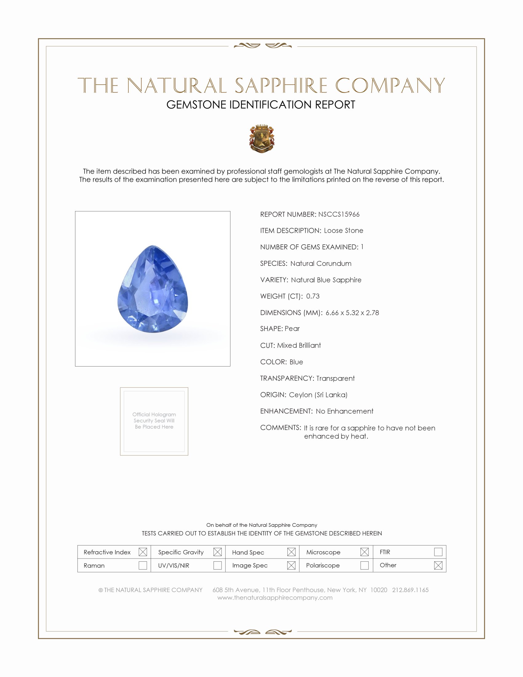 0.73 Ct. Blue Sapphire from Ceylon (Sri Lanka)