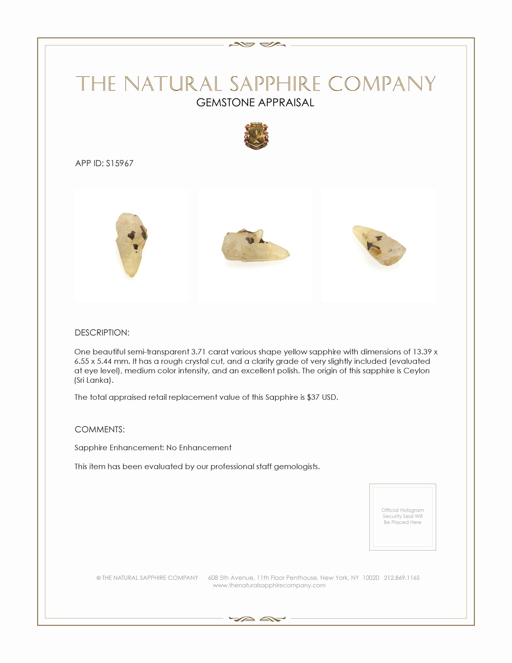 3.71 Ct. Yellow Sapphire Crystal from Ceylon (Sri Lanka)