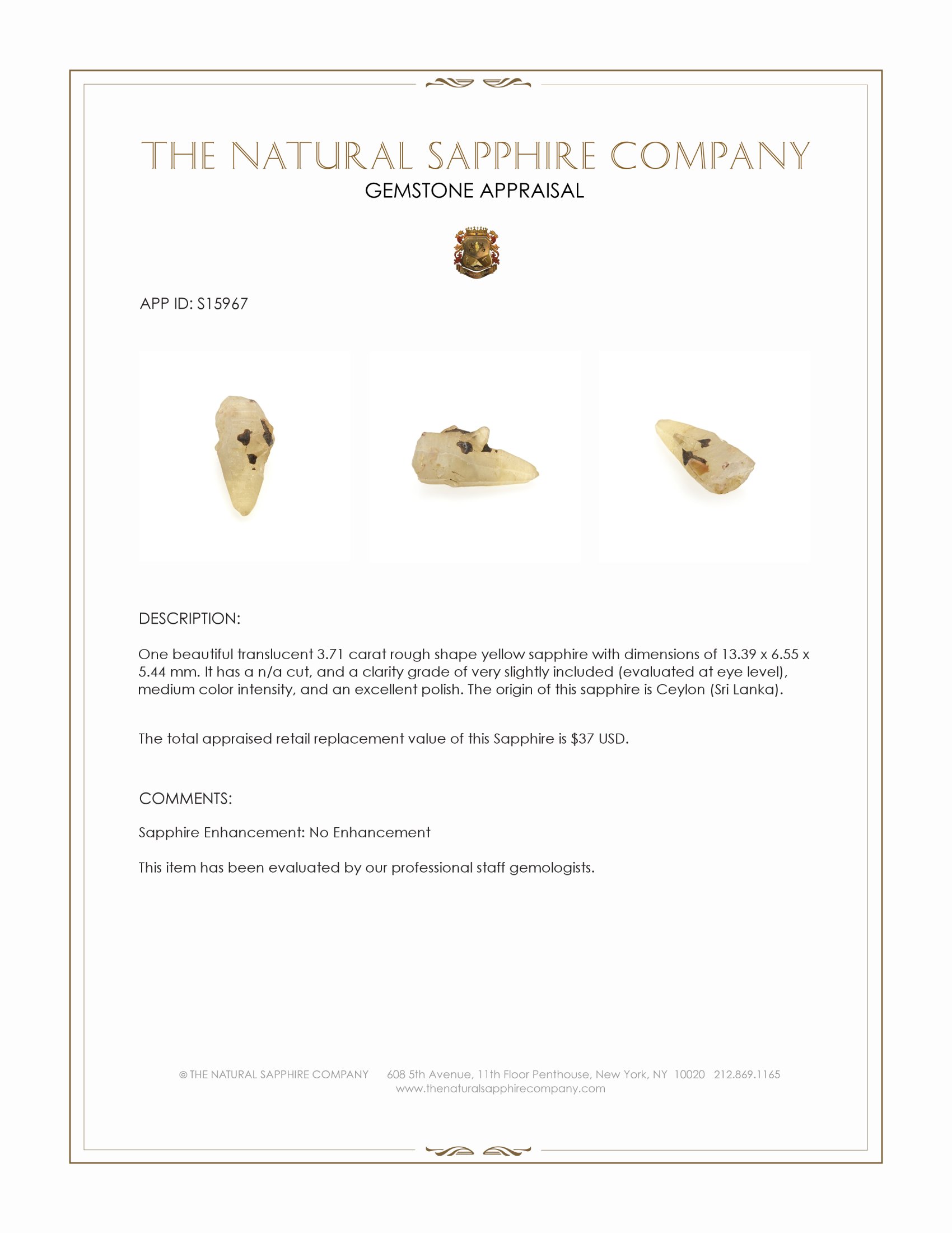 3.71 Ct. Yellow Rough Sapphire from Ceylon (Sri Lanka)