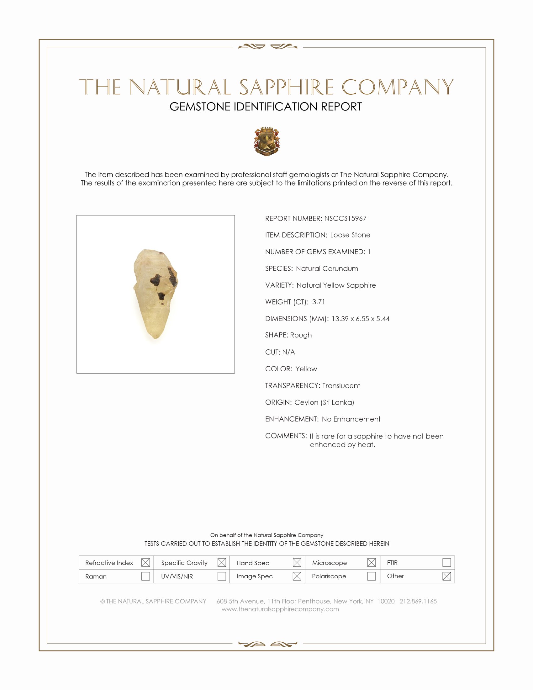 3.71 Ct. Yellow Rough Sapphire from Ceylon (Sri Lanka)