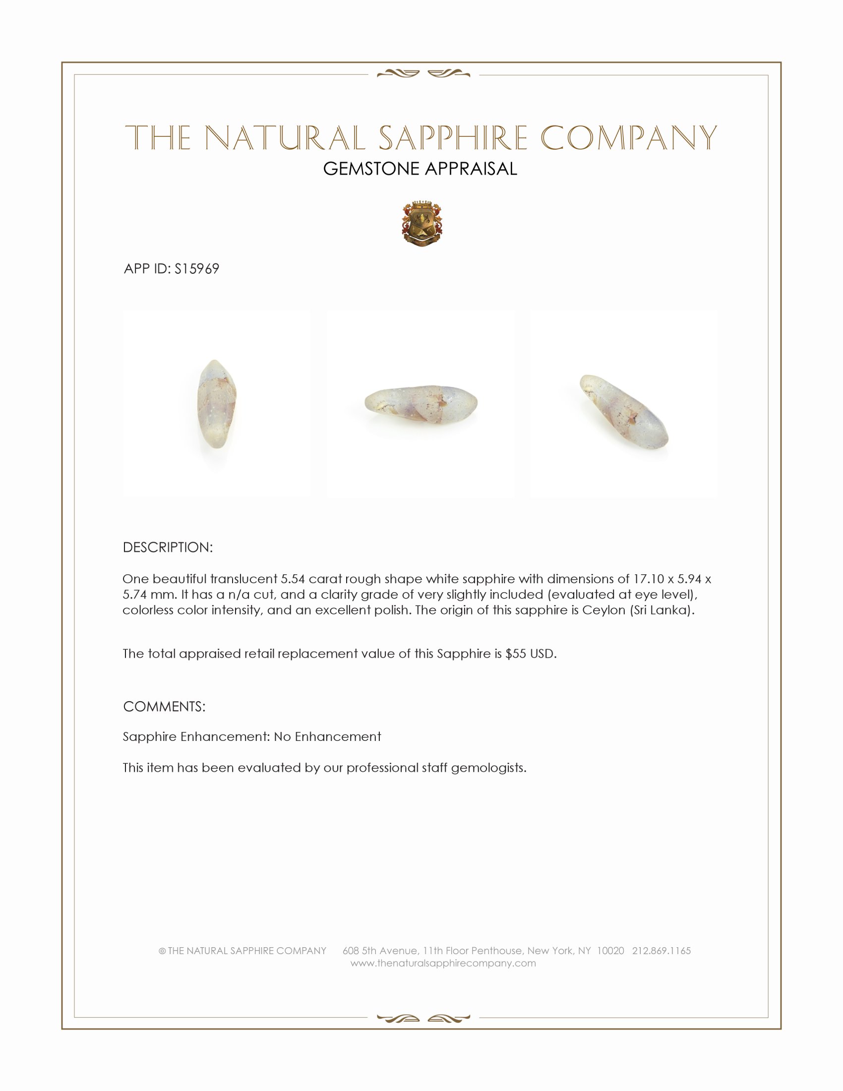 5.54 Ct. White Rough Sapphire from Ceylon (Sri Lanka)