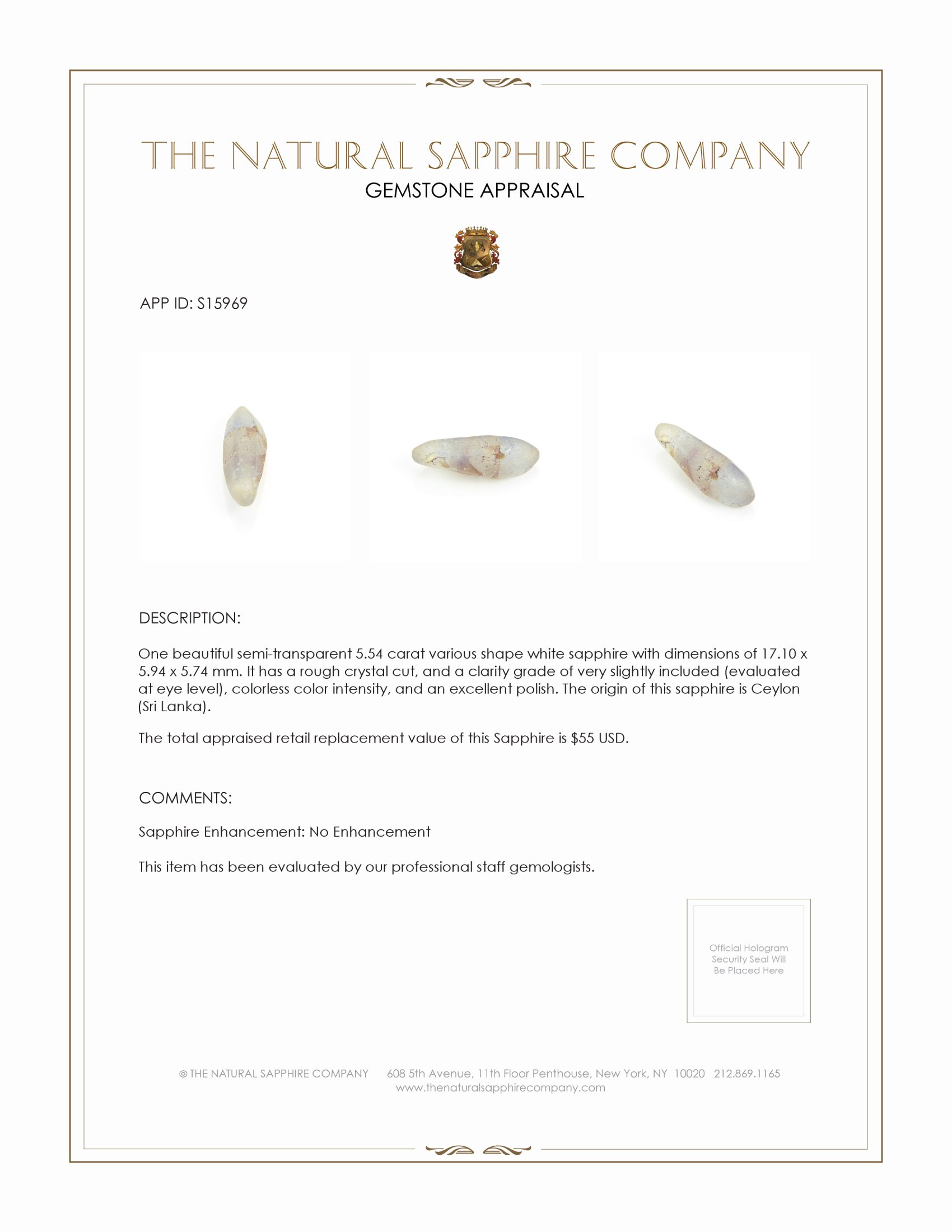 5.54 Ct. White Sapphire Crystal from Ceylon (Sri Lanka)