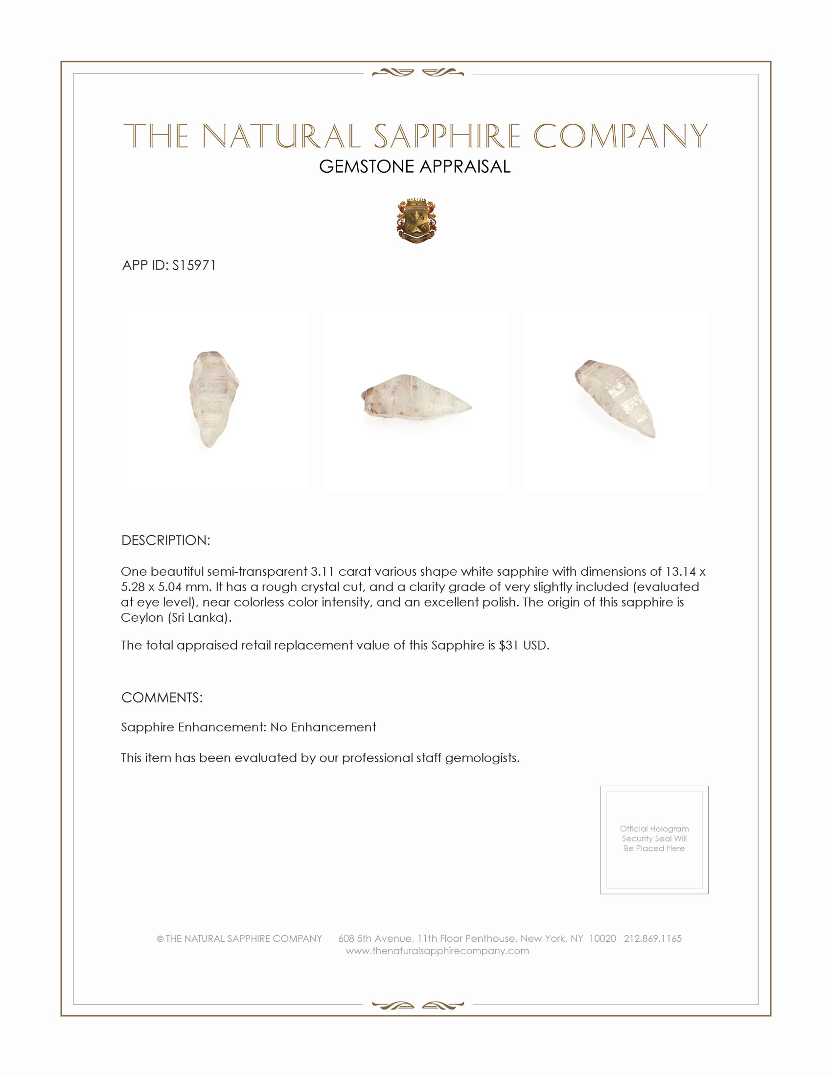 3.11 Ct. White Sapphire Crystal from Ceylon (Sri Lanka)