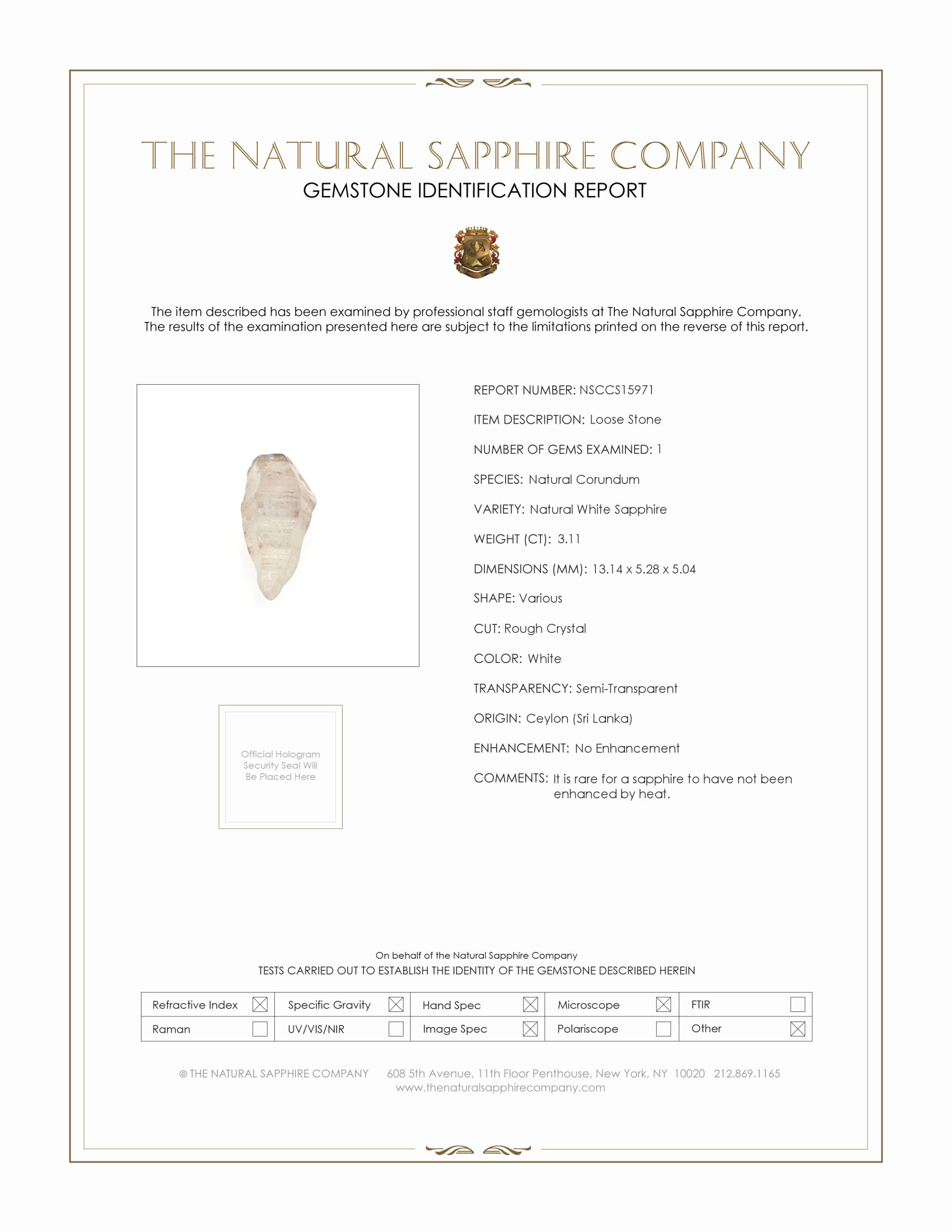3.11 Ct. White Sapphire Crystal from Ceylon (Sri Lanka)