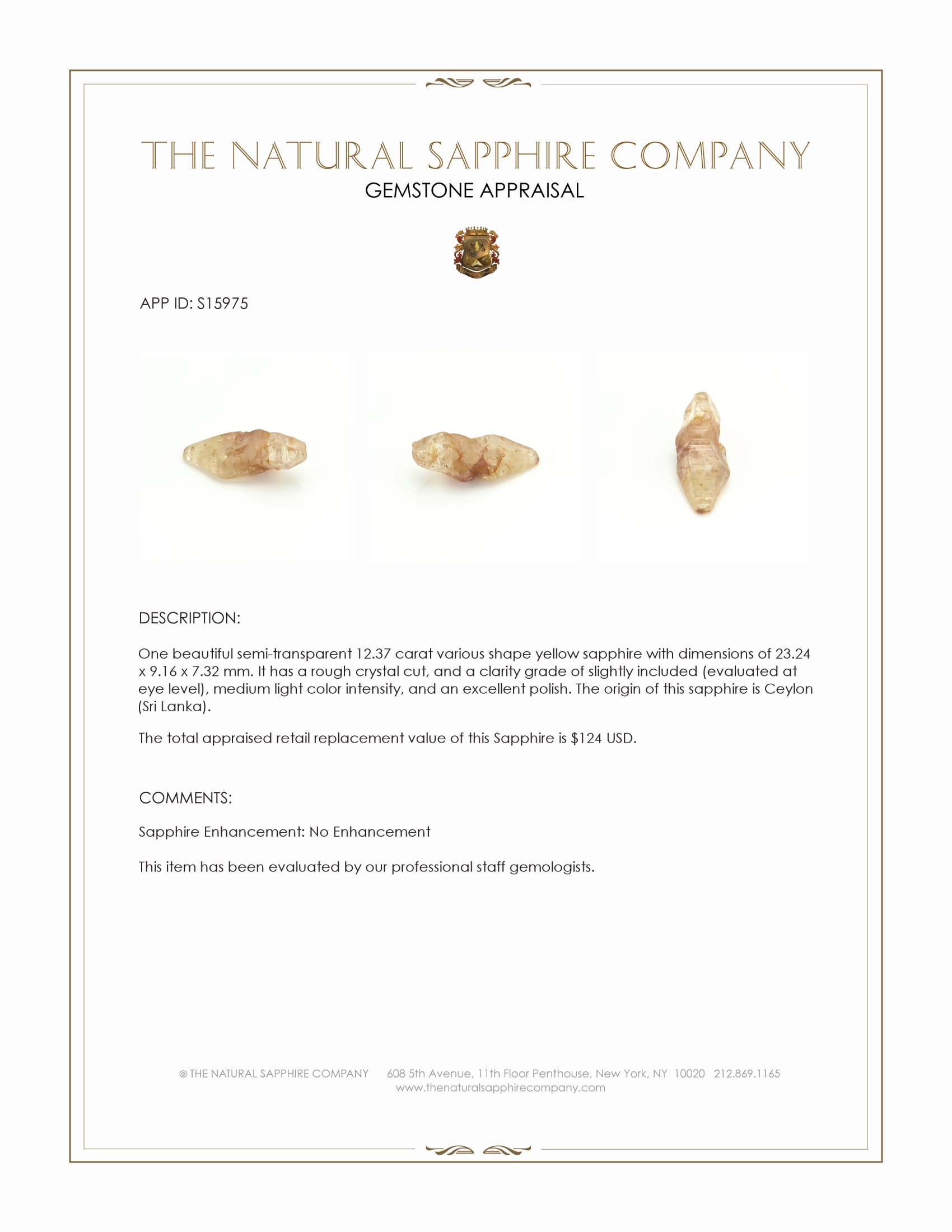 12.37 Ct. Yellow Rough Sapphire from Ceylon (Sri Lanka)
