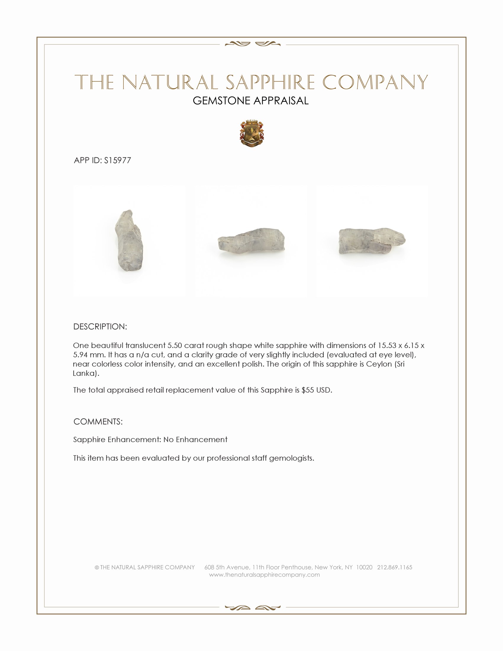 5.50 Ct. White Rough Sapphire from Ceylon (Sri Lanka)