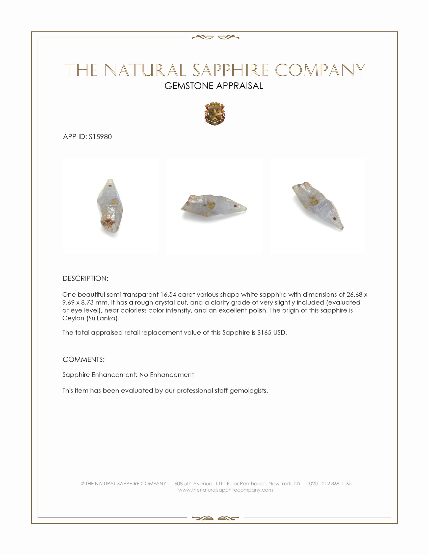 16.54 Ct. White Sapphire Crystal from Ceylon (Sri Lanka)