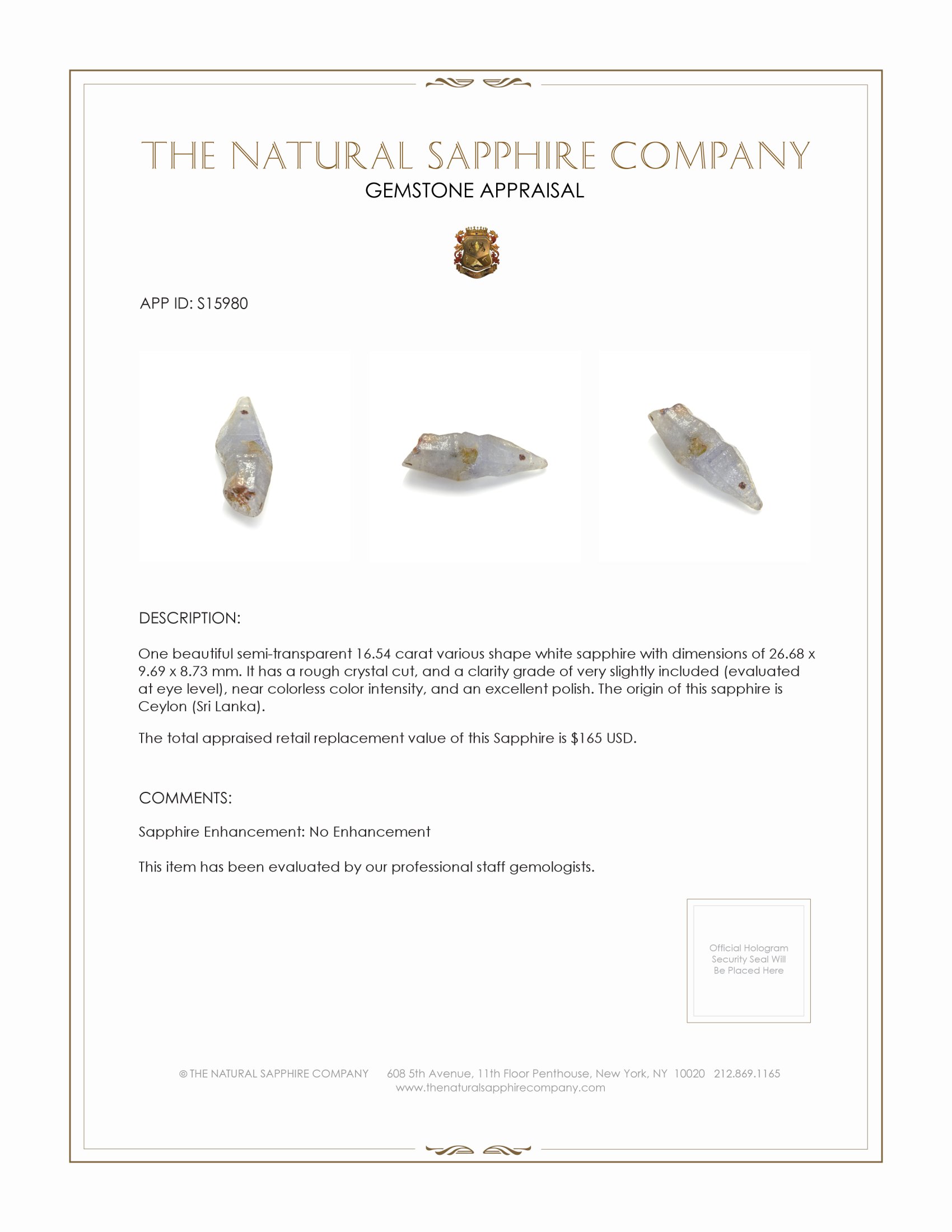 16.54 Ct. White Sapphire Crystal from Ceylon (Sri Lanka)