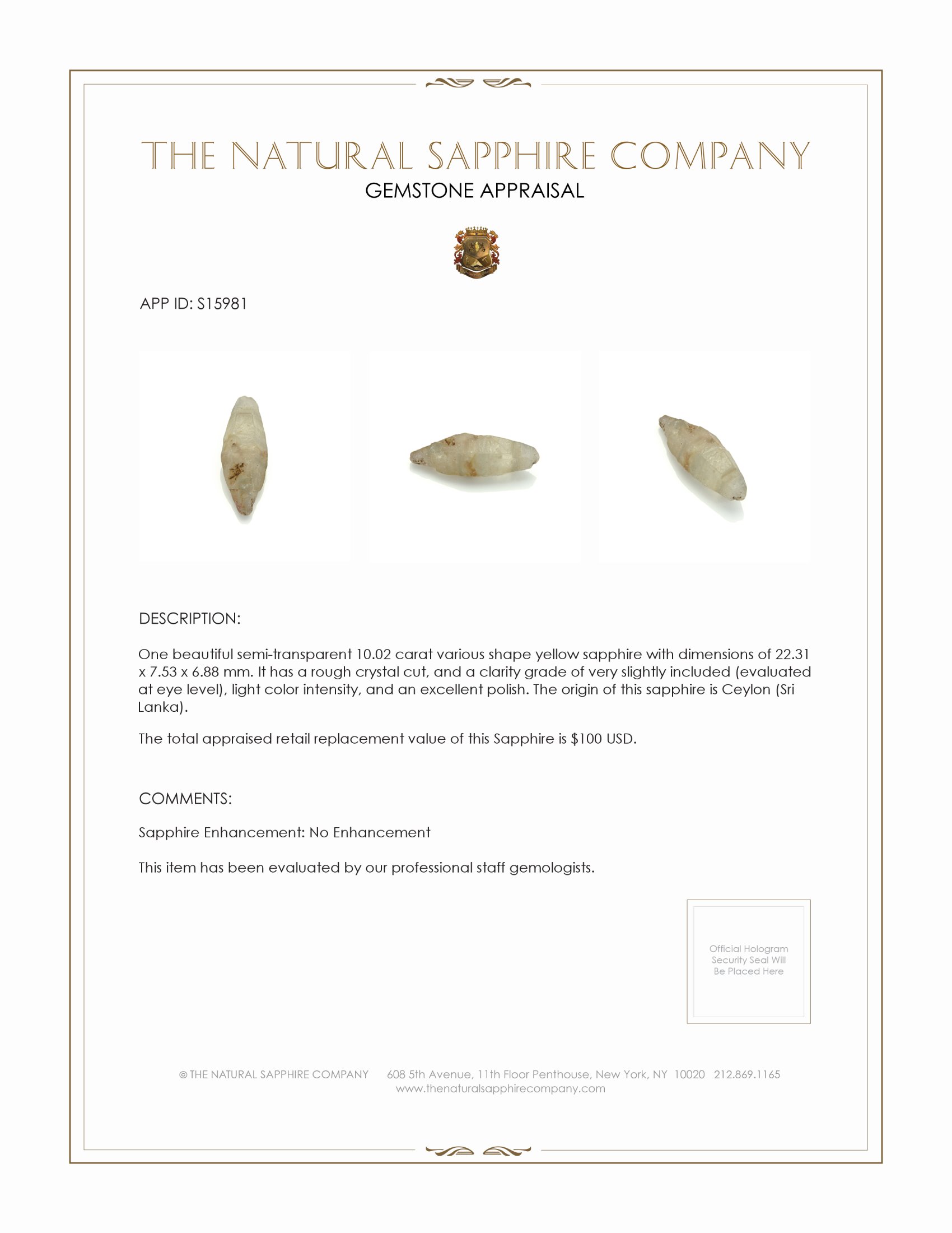 10.02 Ct. Yellow Rough Sapphire from Ceylon (Sri Lanka)