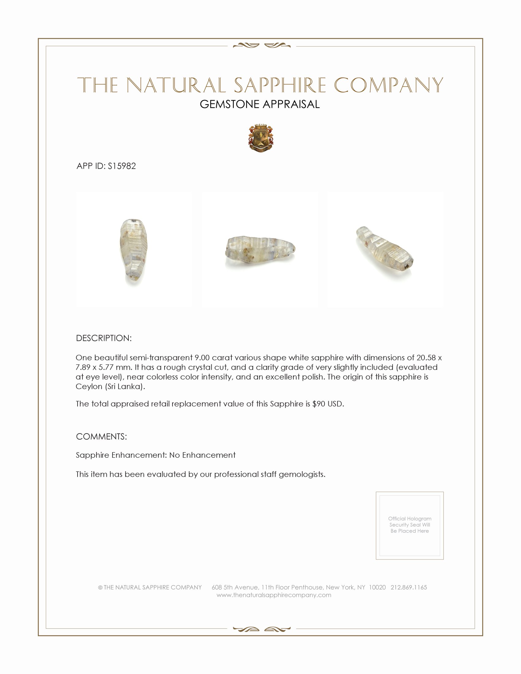 9.00 Ct. White Sapphire Crystal from Ceylon (Sri Lanka)