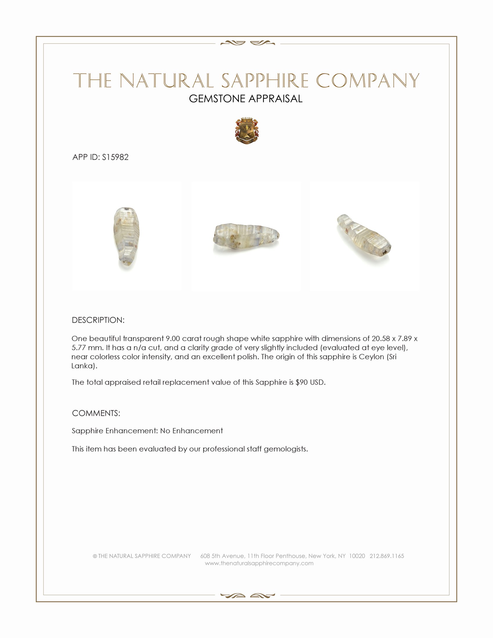 9.00 Ct. White Rough Sapphire from Ceylon (Sri Lanka)