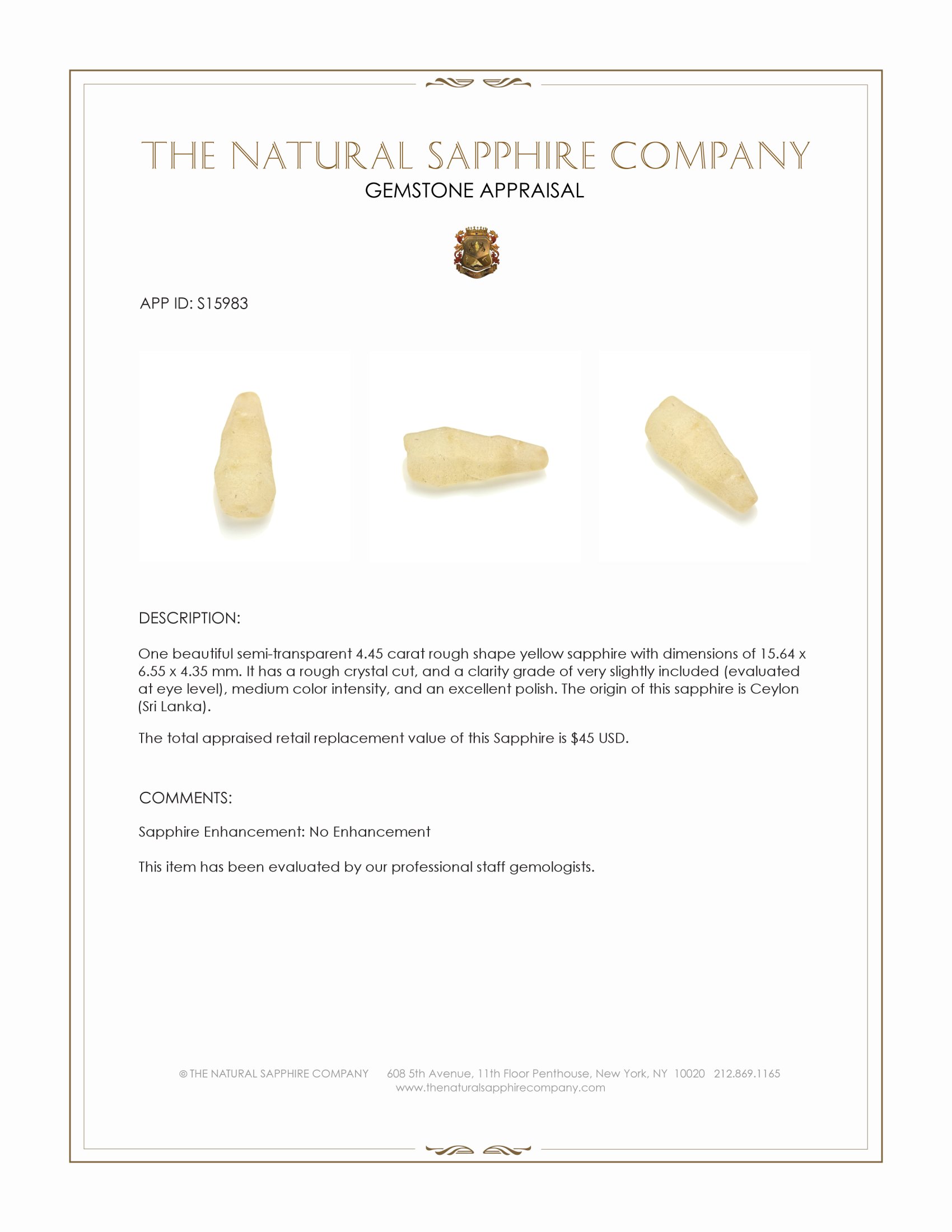 4.45 Ct. Yellow Rough Sapphire Crystal from Ceylon (Sri Lanka)