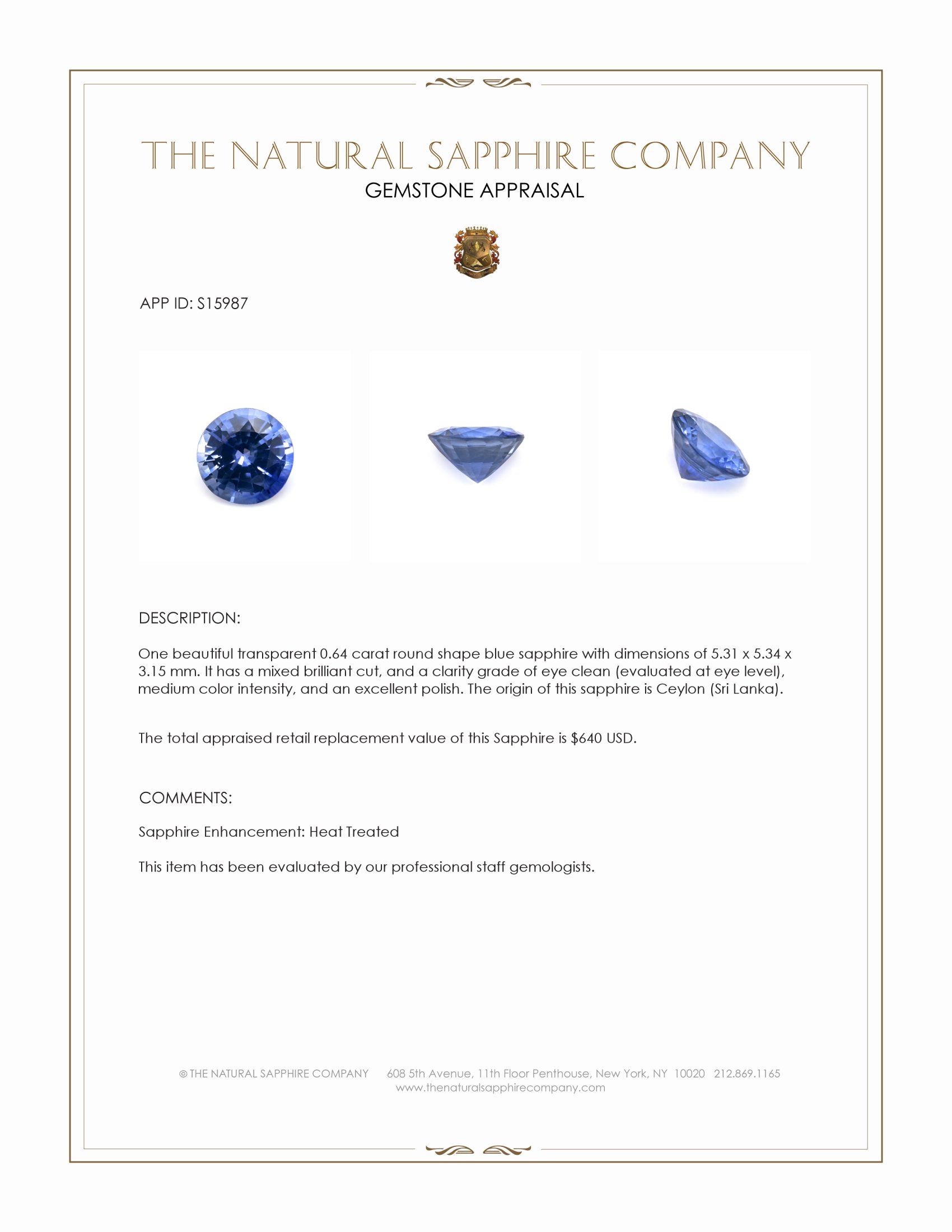 0.64 Ct. Blue Sapphire from Ceylon (Sri Lanka)